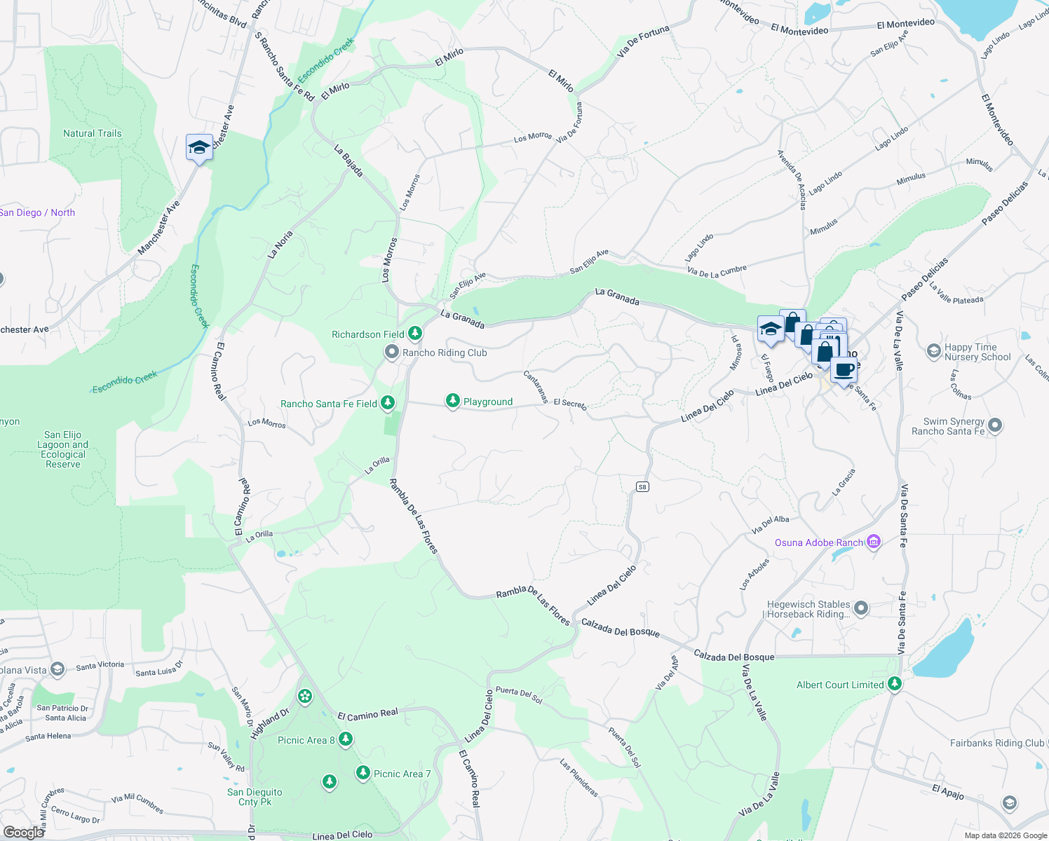 map of restaurants, bars, coffee shops, grocery stores, and more near 5121 El Secreto in Rancho Santa Fe