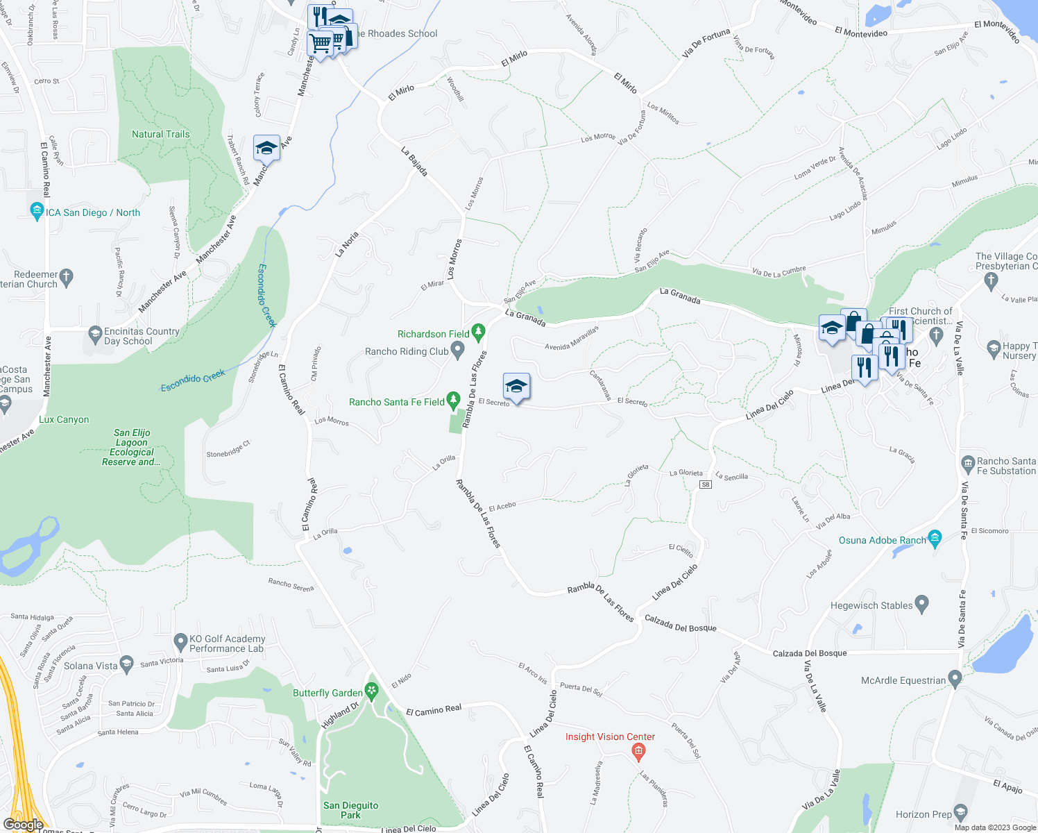 map of restaurants, bars, coffee shops, grocery stores, and more near 4919 El Secreto in Rancho Santa Fe