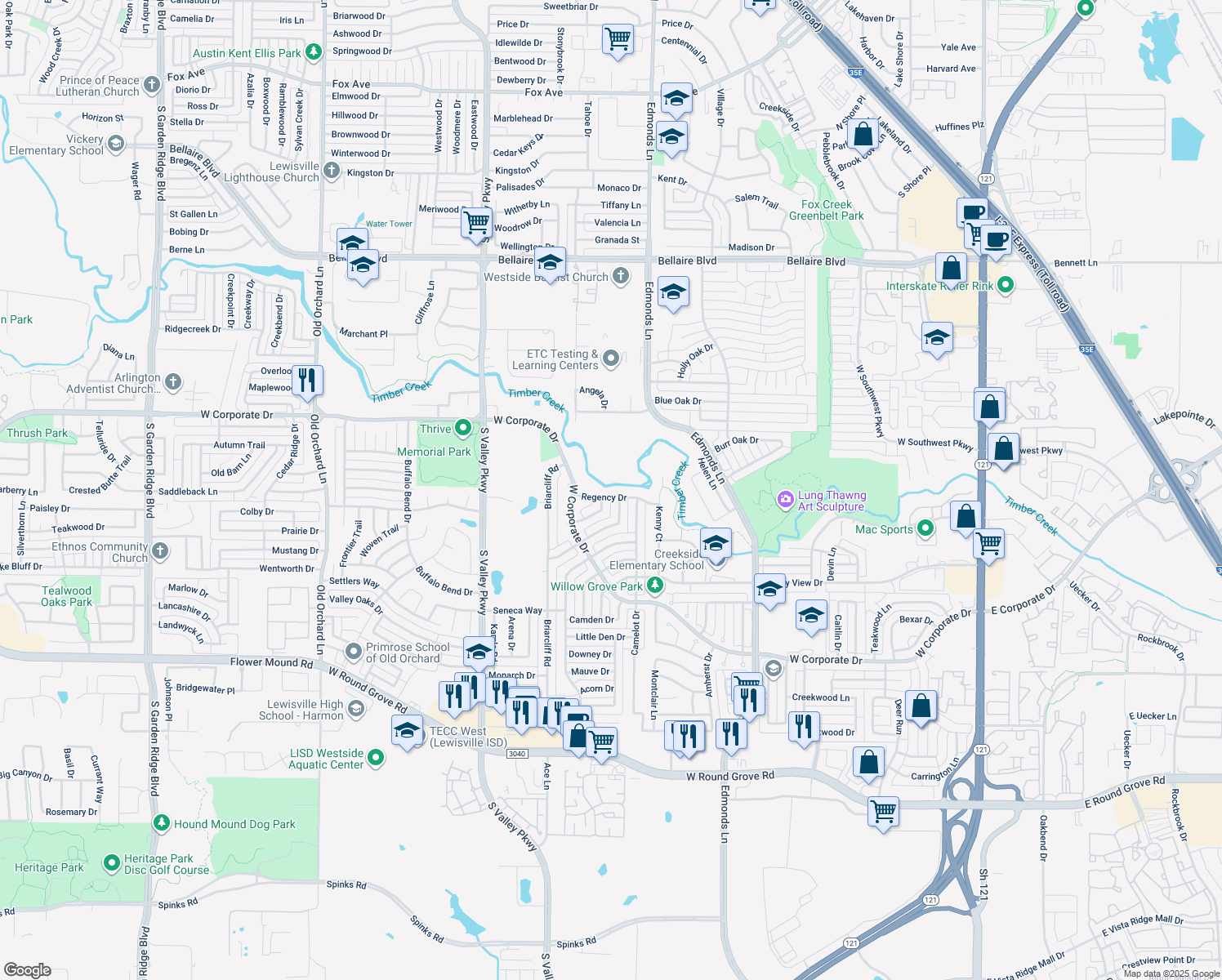 map of restaurants, bars, coffee shops, grocery stores, and more near 989 Regency Dr in Lewisville