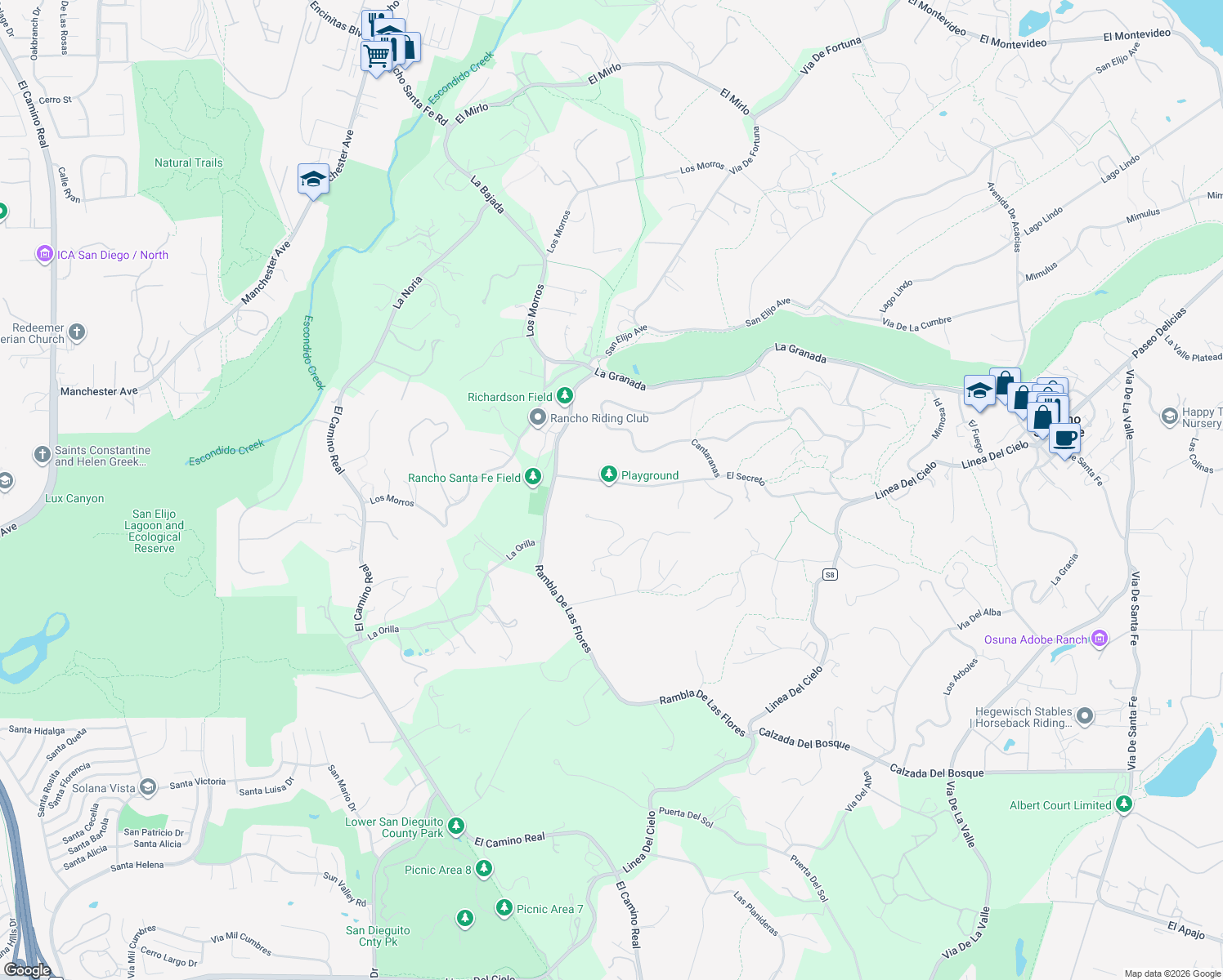 map of restaurants, bars, coffee shops, grocery stores, and more near in Rancho Santa Fe