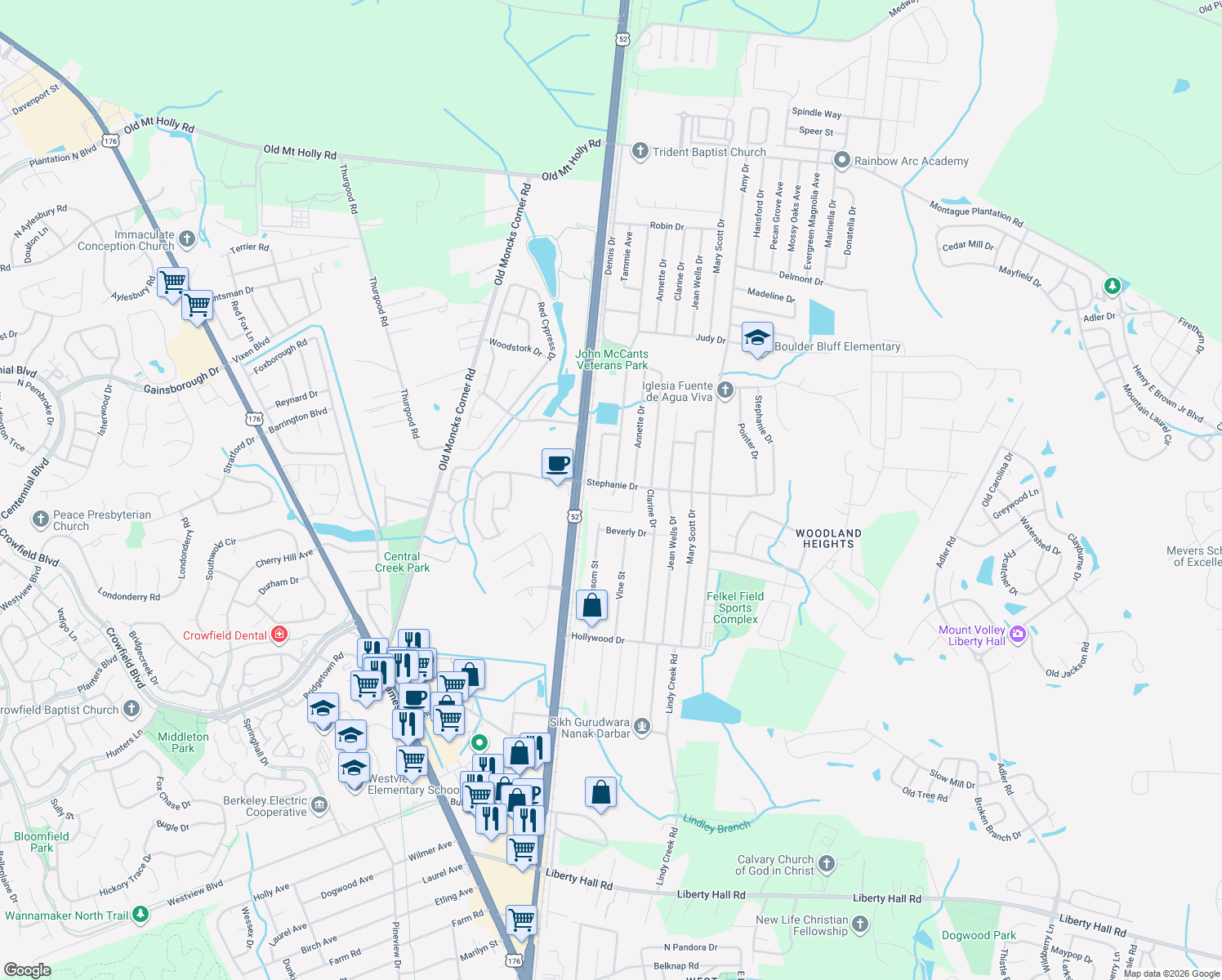 map of restaurants, bars, coffee shops, grocery stores, and more near 108 Stephanie Drive in Goose Creek