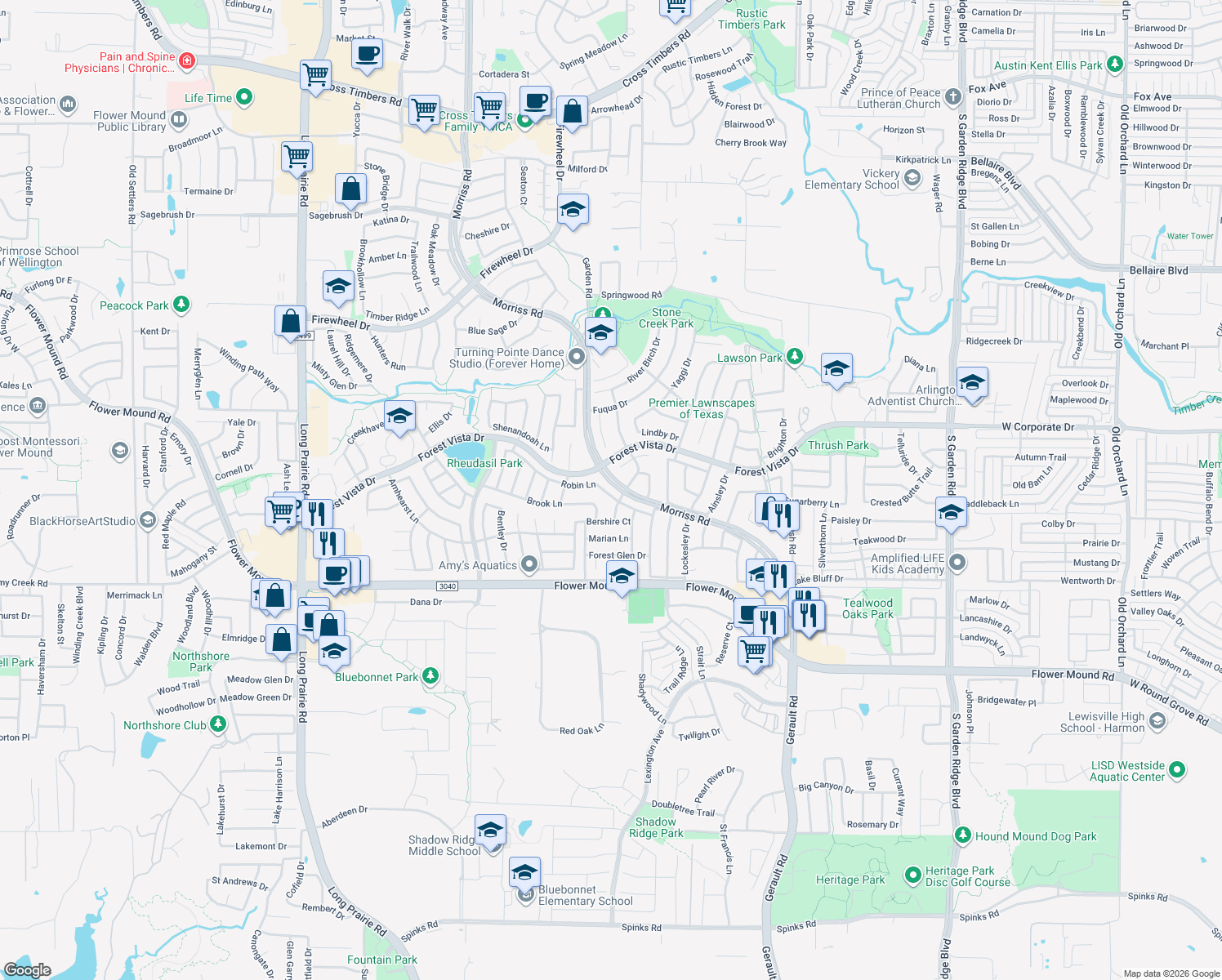 map of restaurants, bars, coffee shops, grocery stores, and more near 1708 Robin Lane in Lewisville