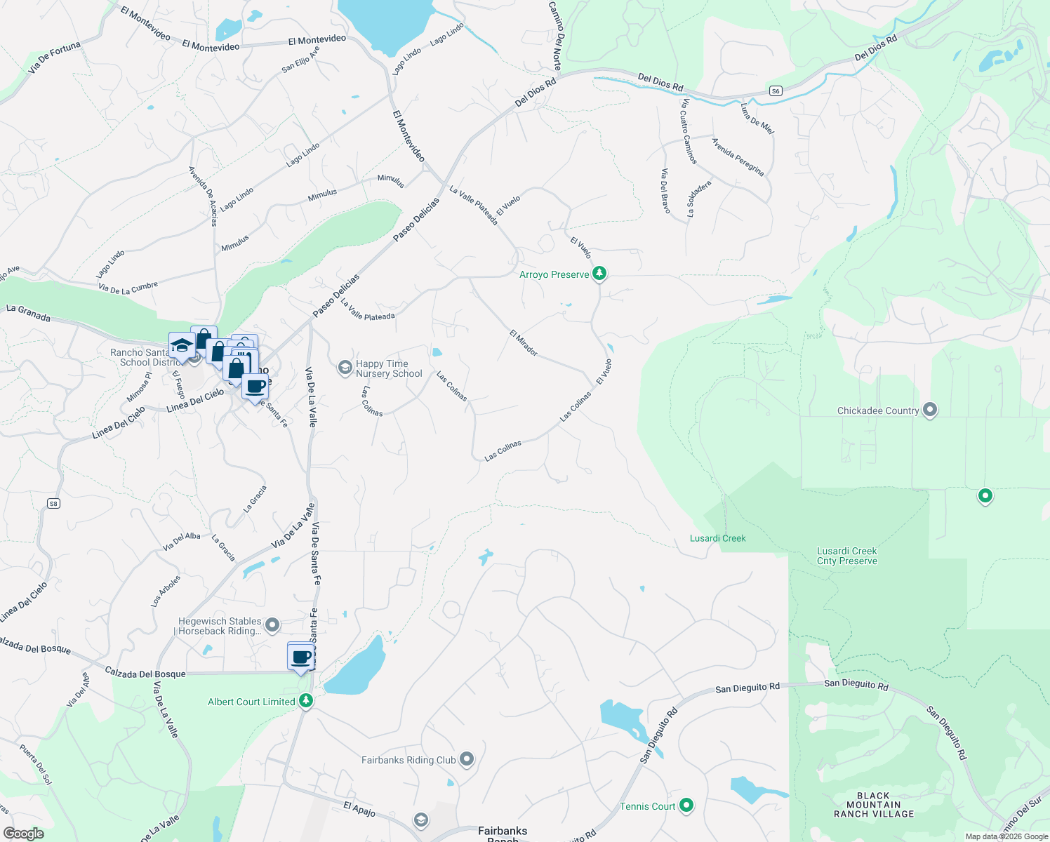map of restaurants, bars, coffee shops, grocery stores, and more near 6934 Las Colinas in Rancho Santa Fe