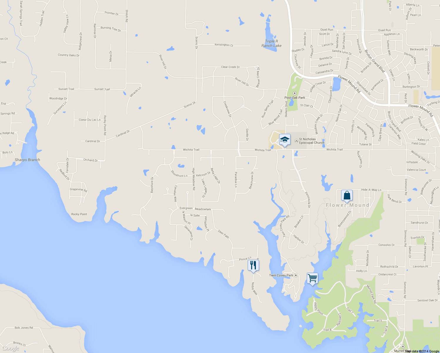 map of restaurants, bars, coffee shops, grocery stores, and more near 2304 Bella Lago Drive in Flower Mound