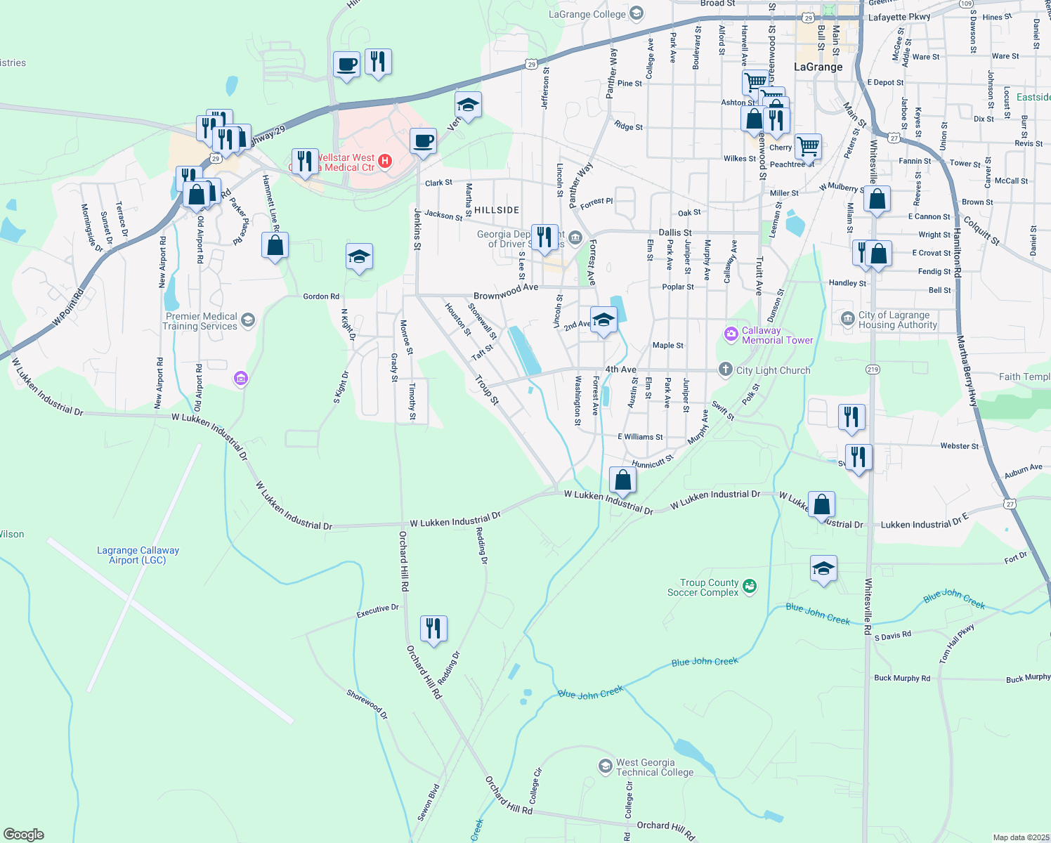 map of restaurants, bars, coffee shops, grocery stores, and more near 1204 Houston Street in LaGrange