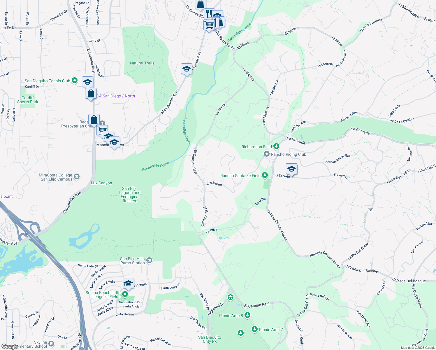 map of restaurants, bars, coffee shops, grocery stores, and more near 16610 Los Morros in Rancho Santa Fe