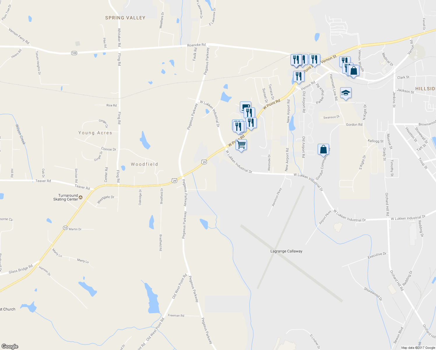 map of restaurants, bars, coffee shops, grocery stores, and more near 2387 West Point Road in LaGrange