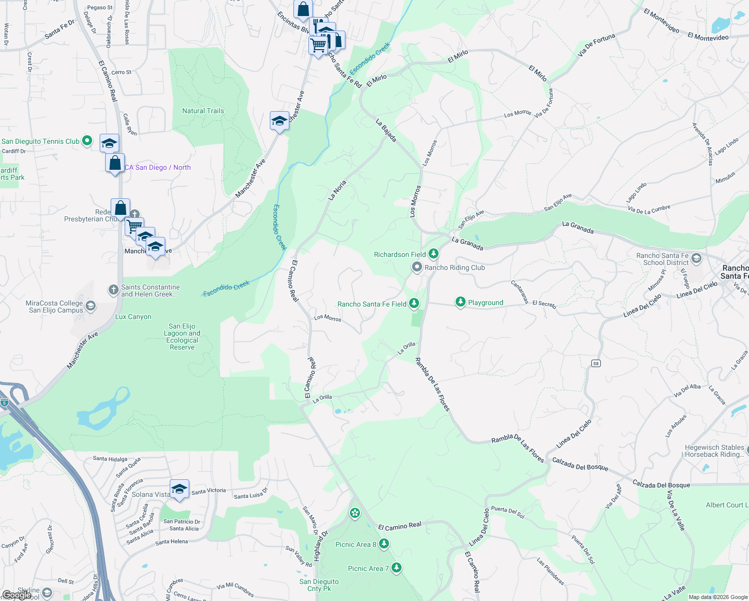 map of restaurants, bars, coffee shops, grocery stores, and more near 16850 Los Morros in Rancho Santa Fe