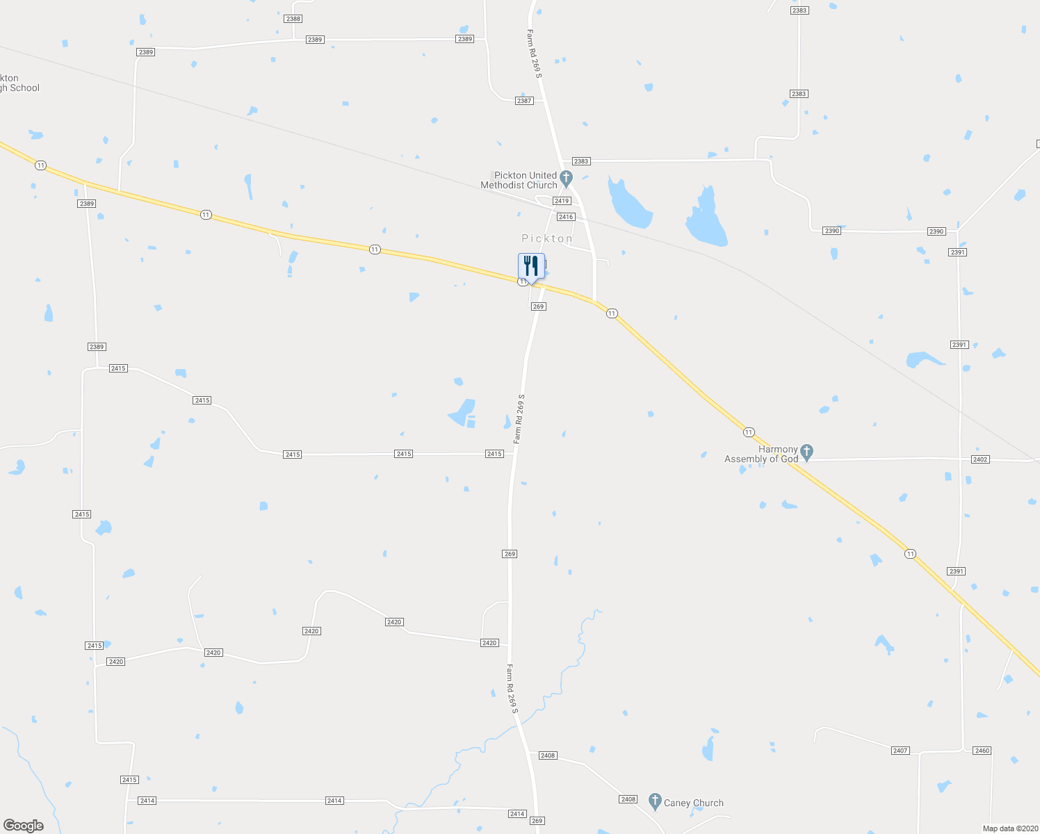 map of restaurants, bars, coffee shops, grocery stores, and more near 11436 Farm Road 269 South in Pickton