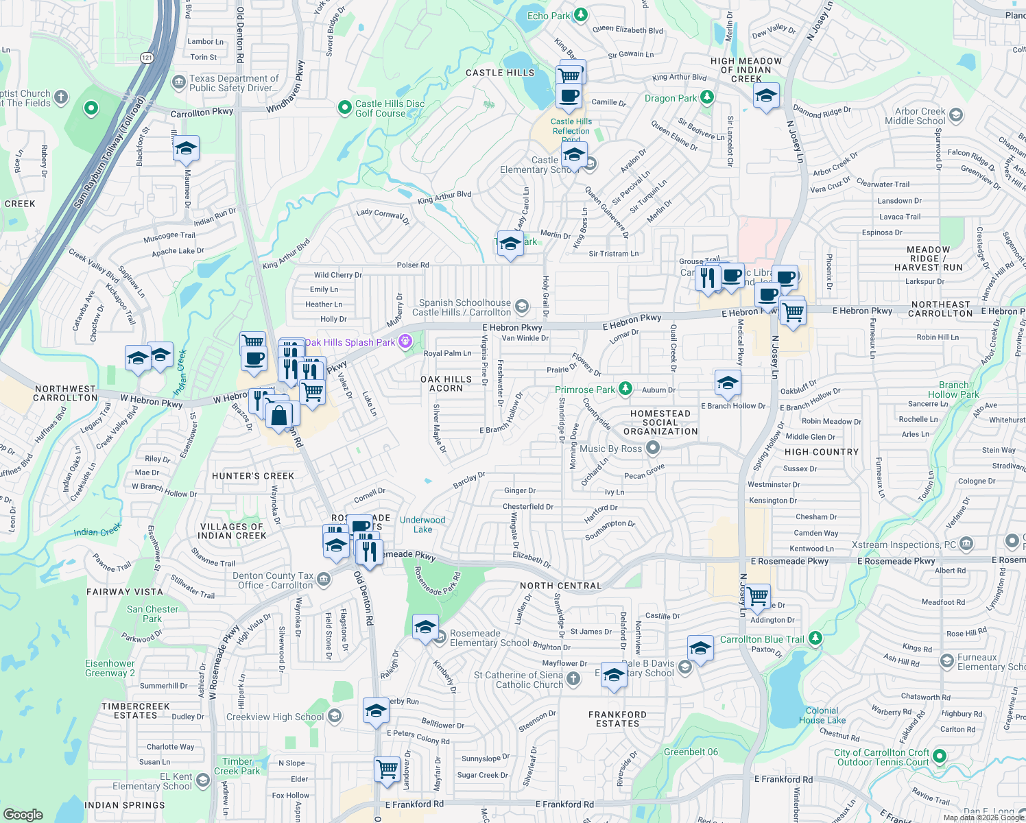 map of restaurants, bars, coffee shops, grocery stores, and more near 1417 East Branch Hollow Drive in Carrollton