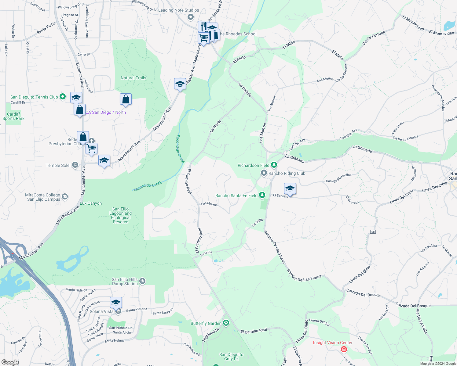 map of restaurants, bars, coffee shops, grocery stores, and more near 16919 Reposa Alta in Rancho Santa Fe