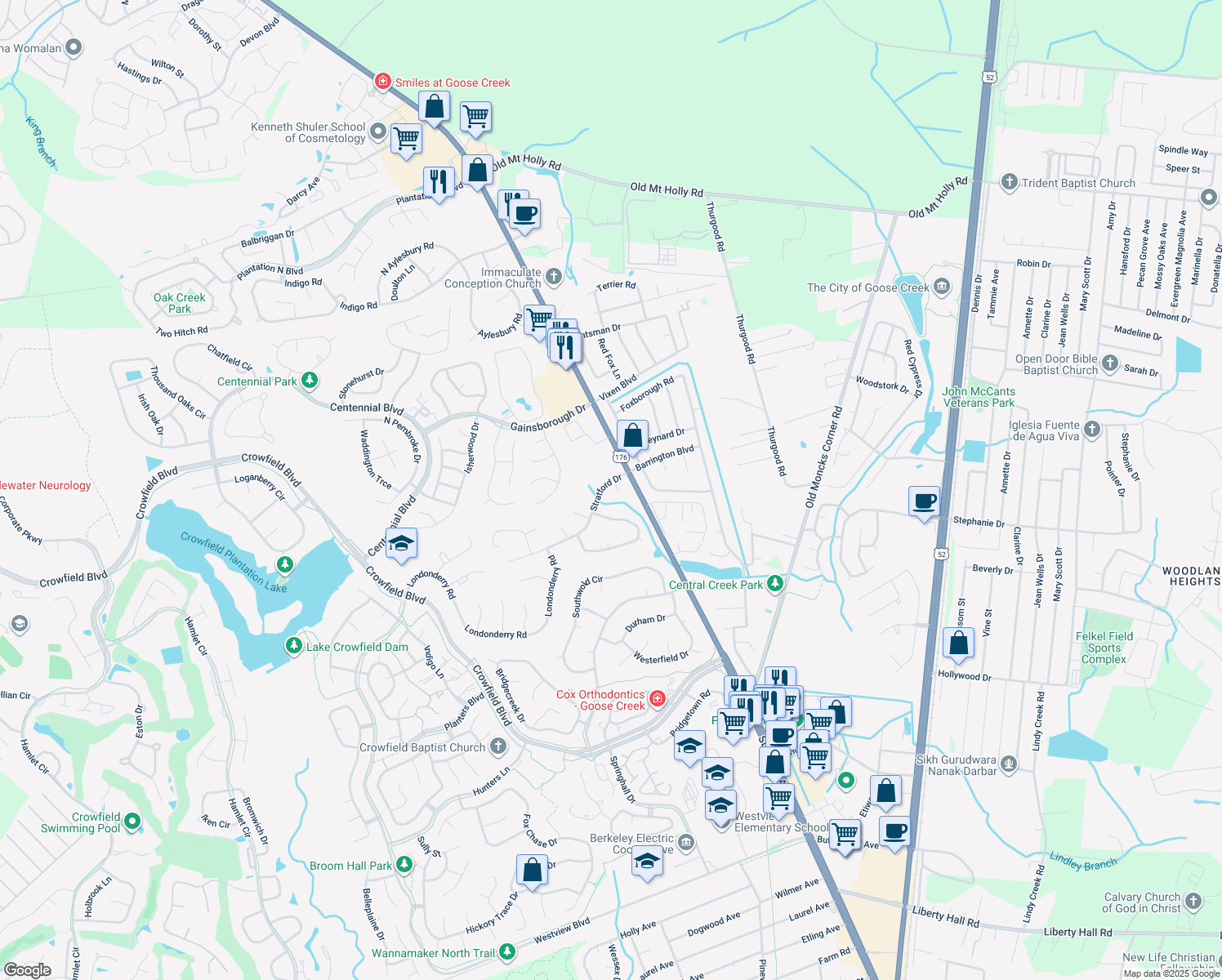 map of restaurants, bars, coffee shops, grocery stores, and more near 105 Abbey Ln in Goose Creek