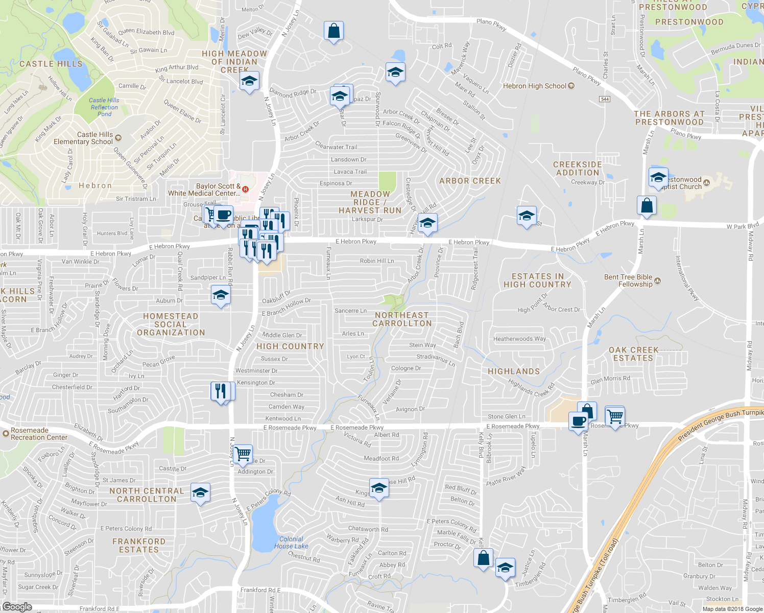 map of restaurants, bars, coffee shops, grocery stores, and more near 2035 Sancerre Lane in Carrollton