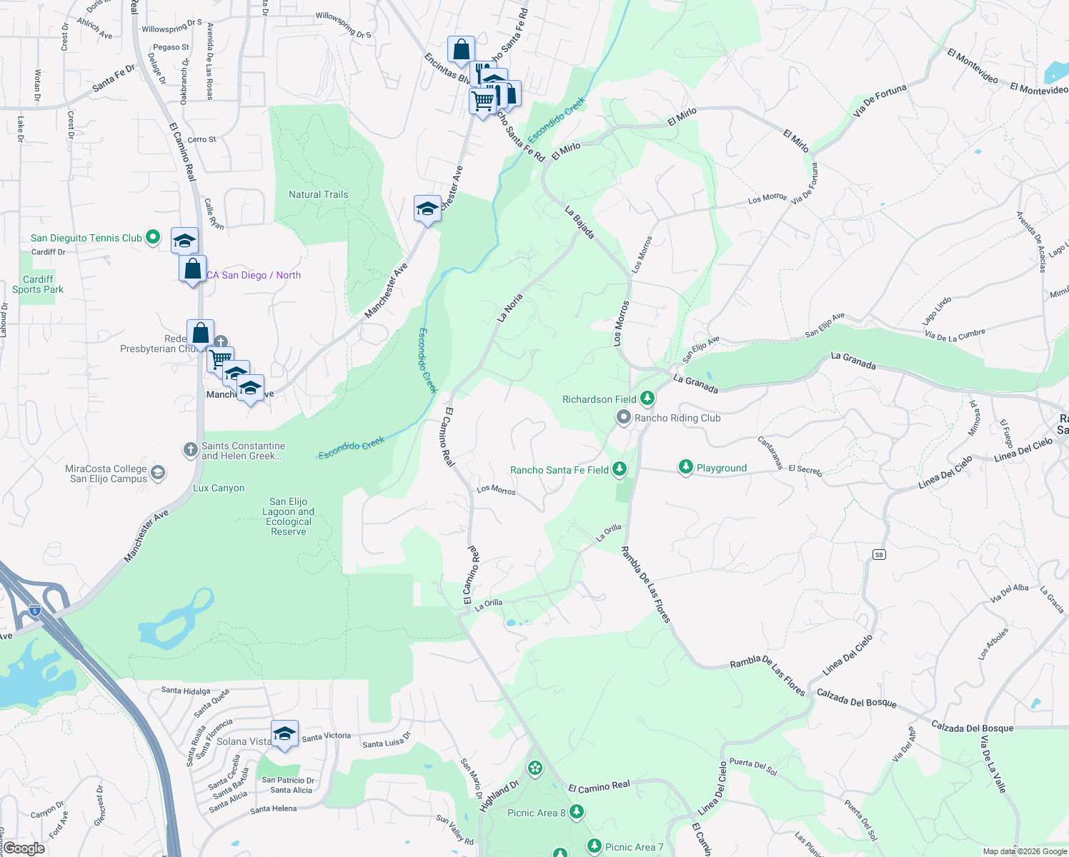 map of restaurants, bars, coffee shops, grocery stores, and more near 16919 Reposa Alta in Rancho Santa Fe