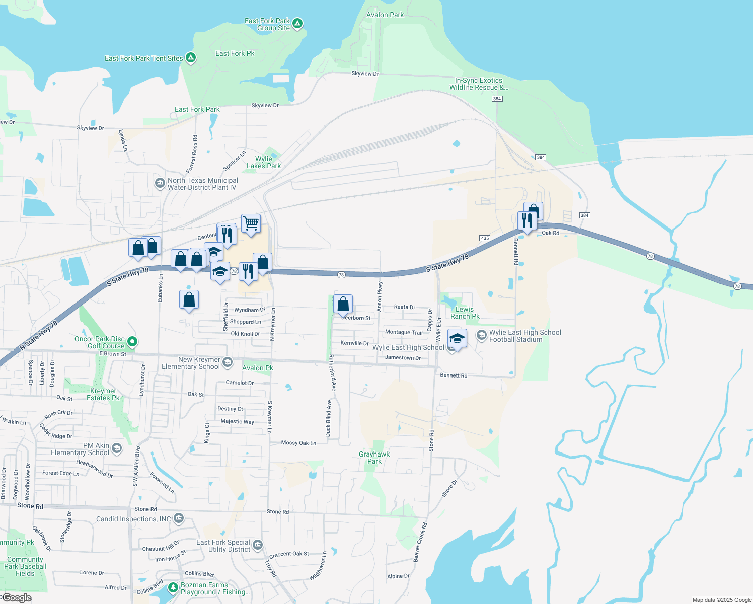 map of restaurants, bars, coffee shops, grocery stores, and more near 2817 Bissell Way in Wylie