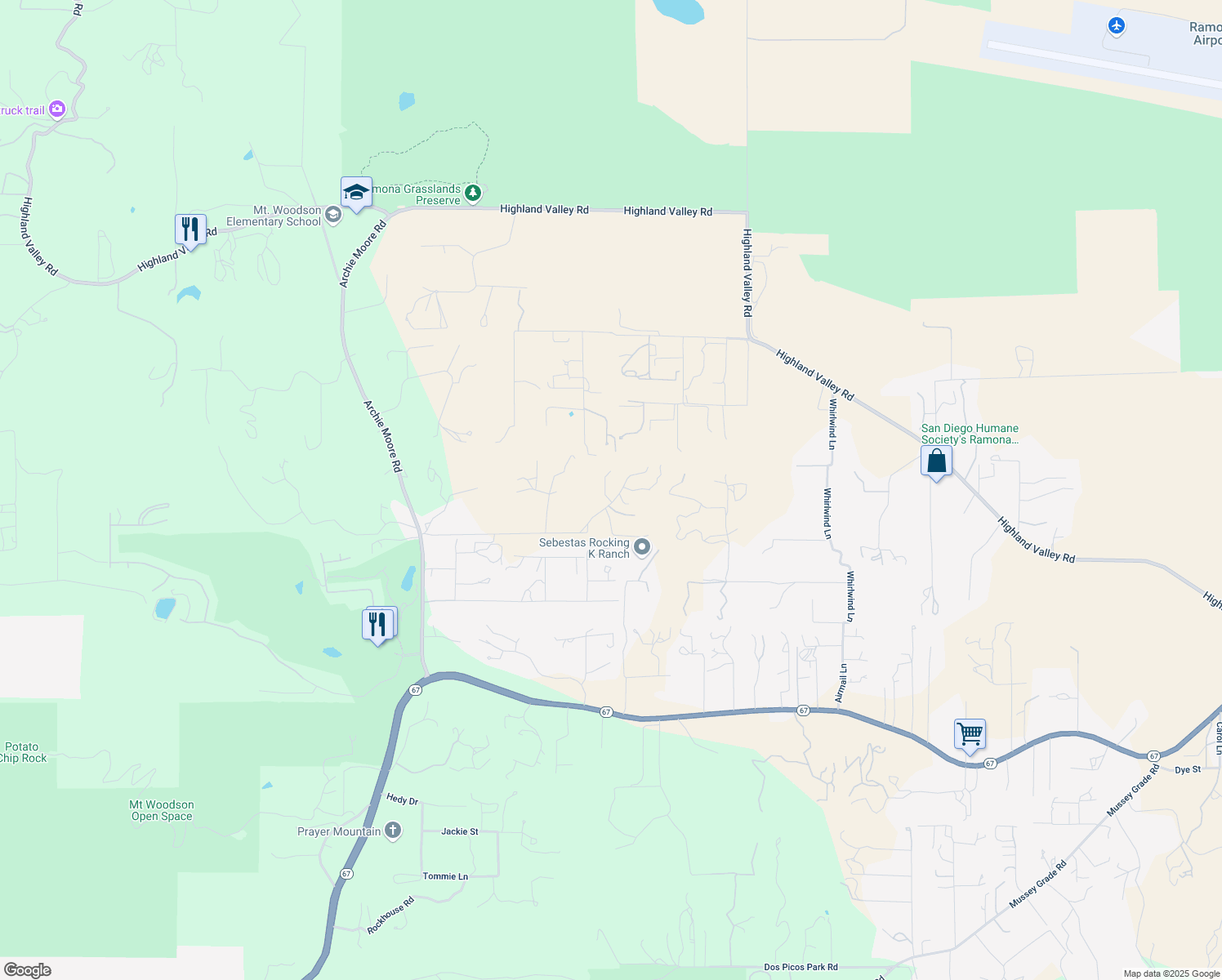 map of restaurants, bars, coffee shops, grocery stores, and more near 17770 Jessie James Lane in Ramona