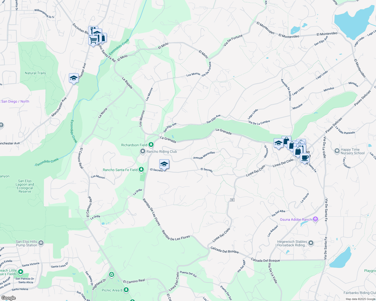 map of restaurants, bars, coffee shops, grocery stores, and more near 5228 Avenida Maravillas in Rancho Santa Fe