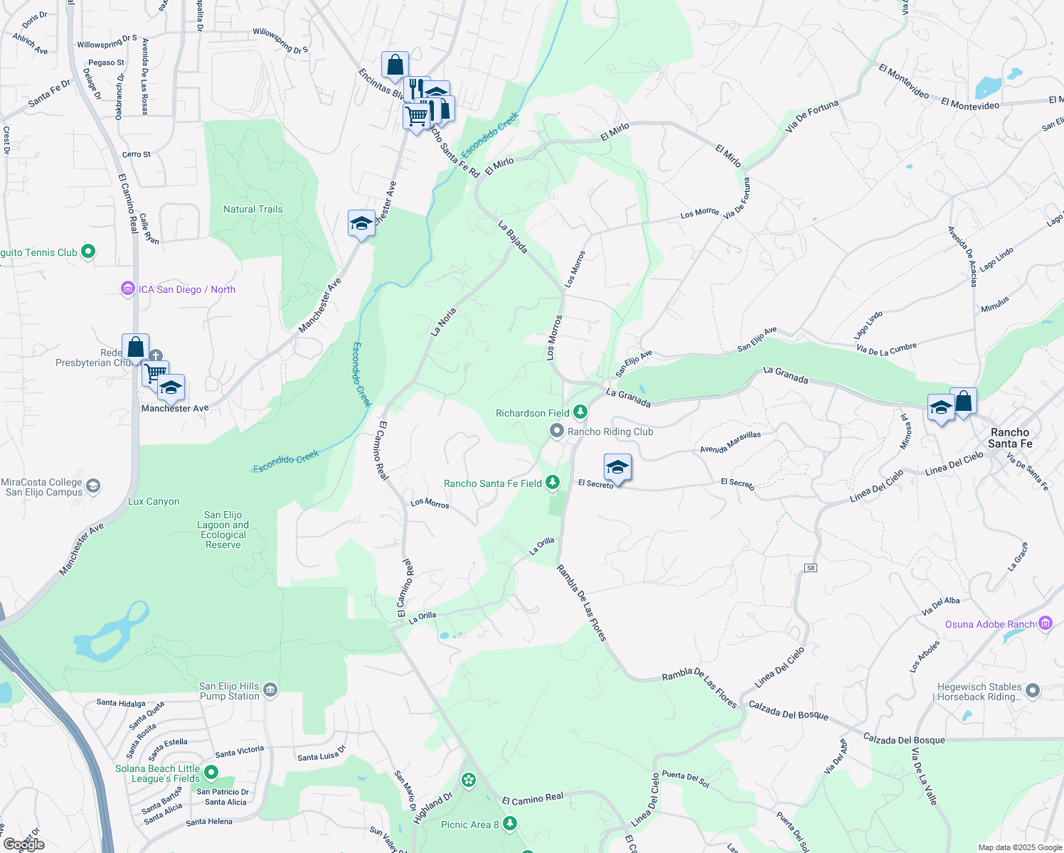 map of restaurants, bars, coffee shops, grocery stores, and more near 4728 El Aspecto in Rancho Santa Fe