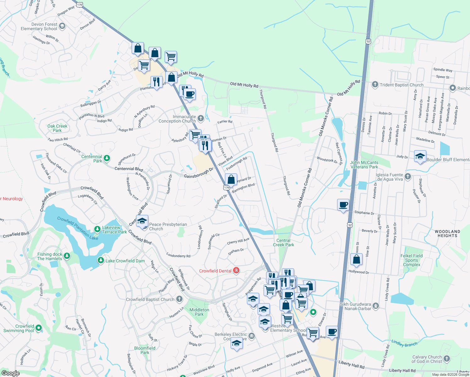map of restaurants, bars, coffee shops, grocery stores, and more near 101 Barrington Boulevard in Goose Creek