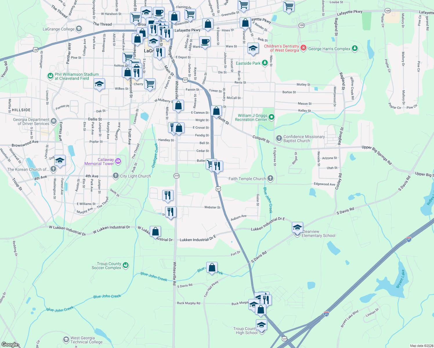 map of restaurants, bars, coffee shops, grocery stores, and more near 1313 Hamilton Road in LaGrange