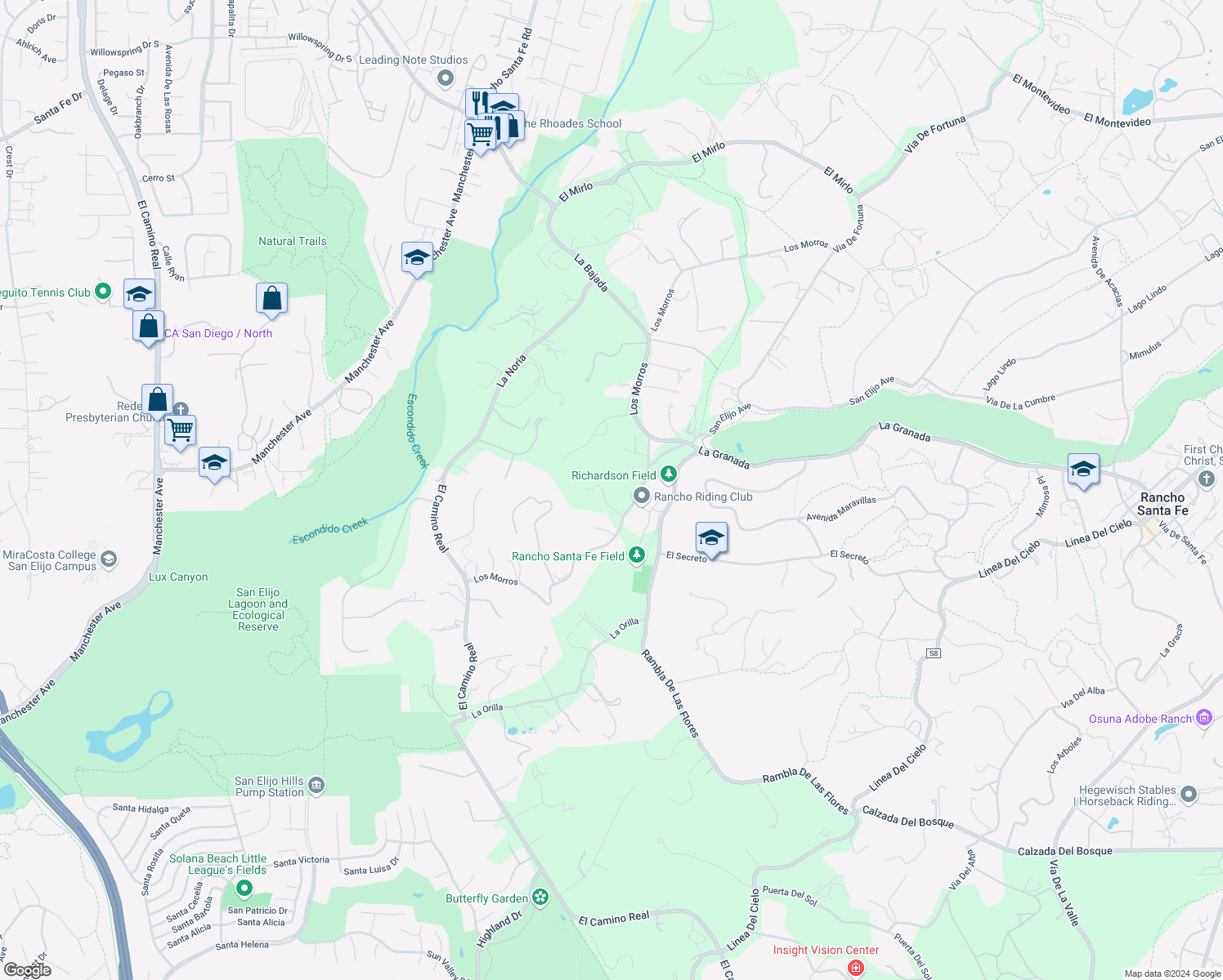 map of restaurants, bars, coffee shops, grocery stores, and more near 4728 El Aspecto in Rancho Santa Fe