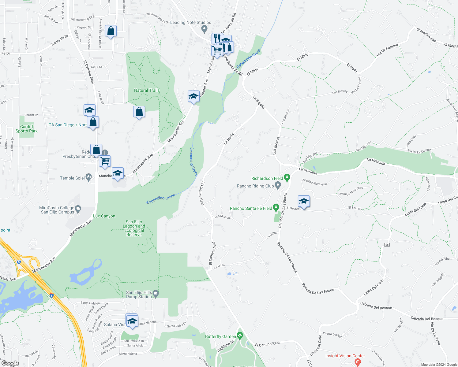 map of restaurants, bars, coffee shops, grocery stores, and more near 4540 Los Pinos in Rancho Santa Fe