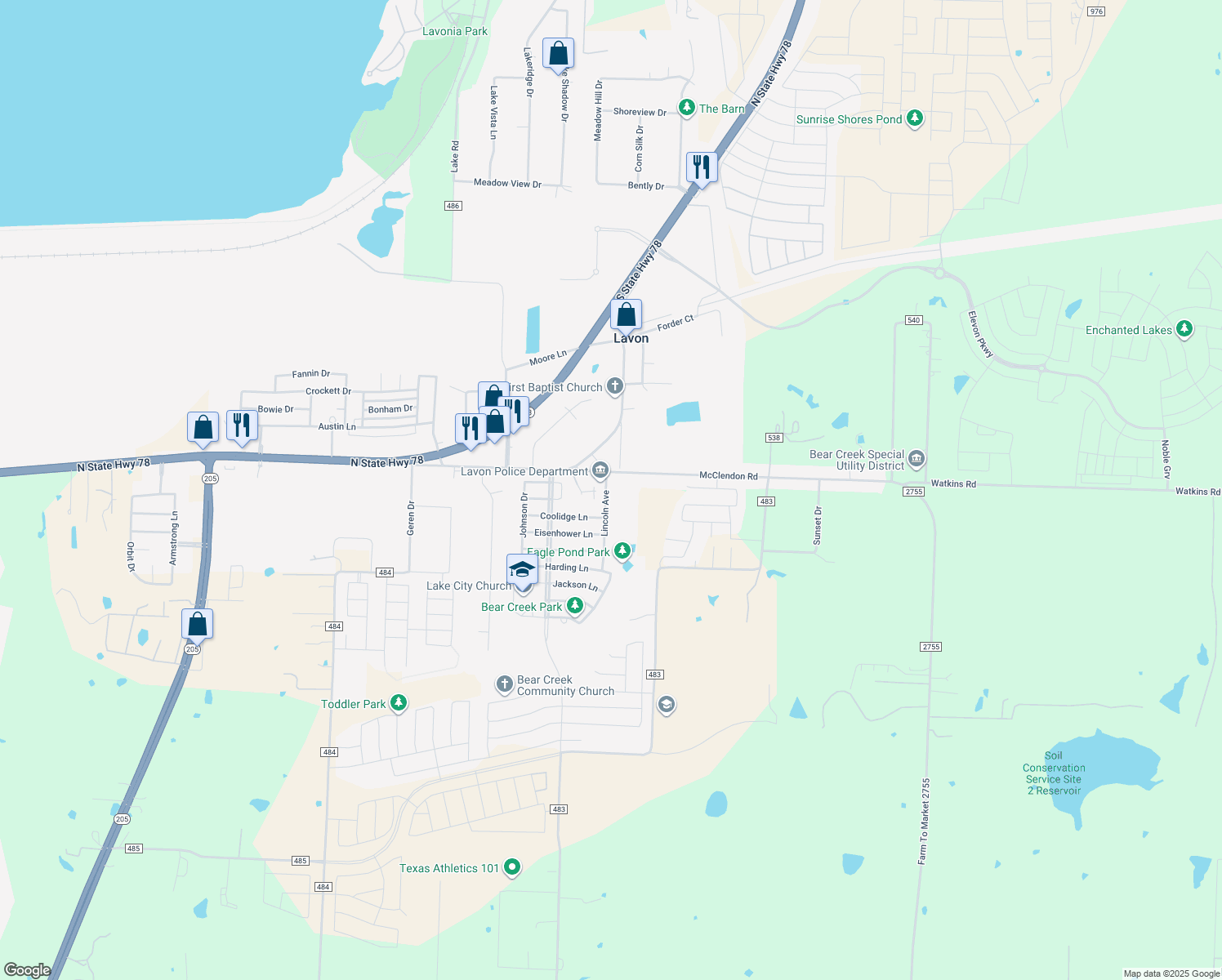 map of restaurants, bars, coffee shops, grocery stores, and more near 522 Lincoln Avenue in Lavon