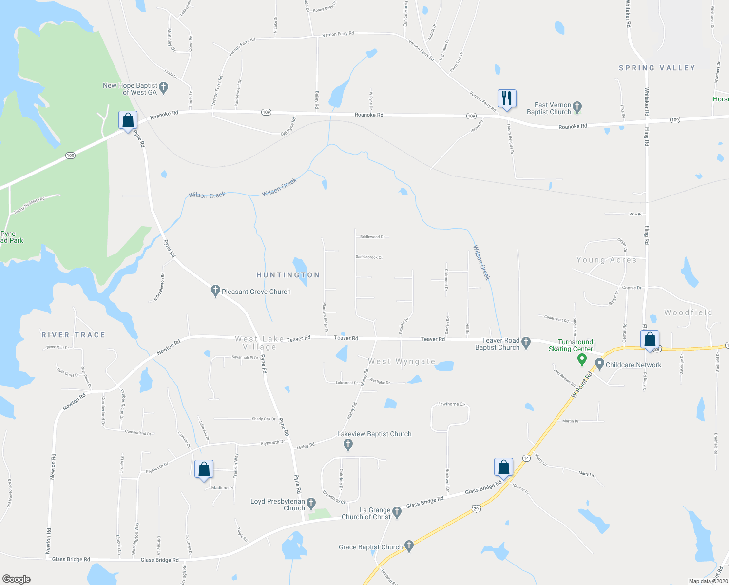 map of restaurants, bars, coffee shops, grocery stores, and more near 103 Huntcliff Court in LaGrange