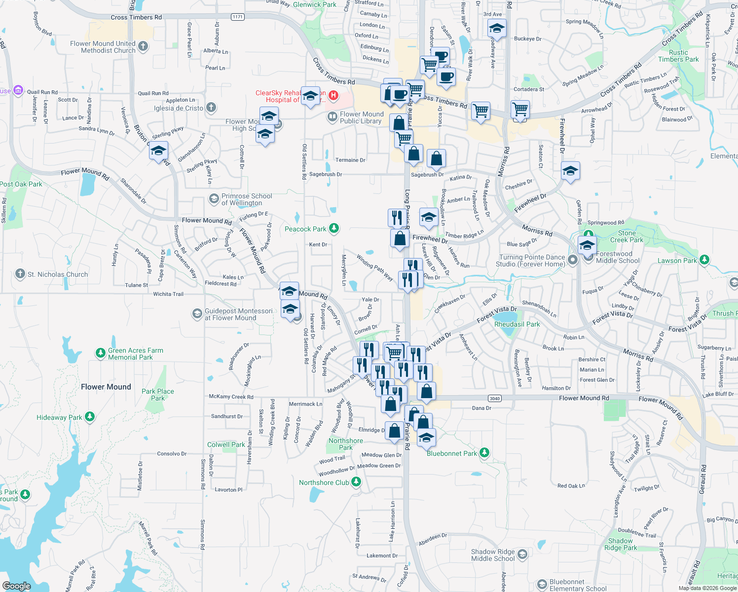 map of restaurants, bars, coffee shops, grocery stores, and more near 2924 Yale Drive in Lewisville