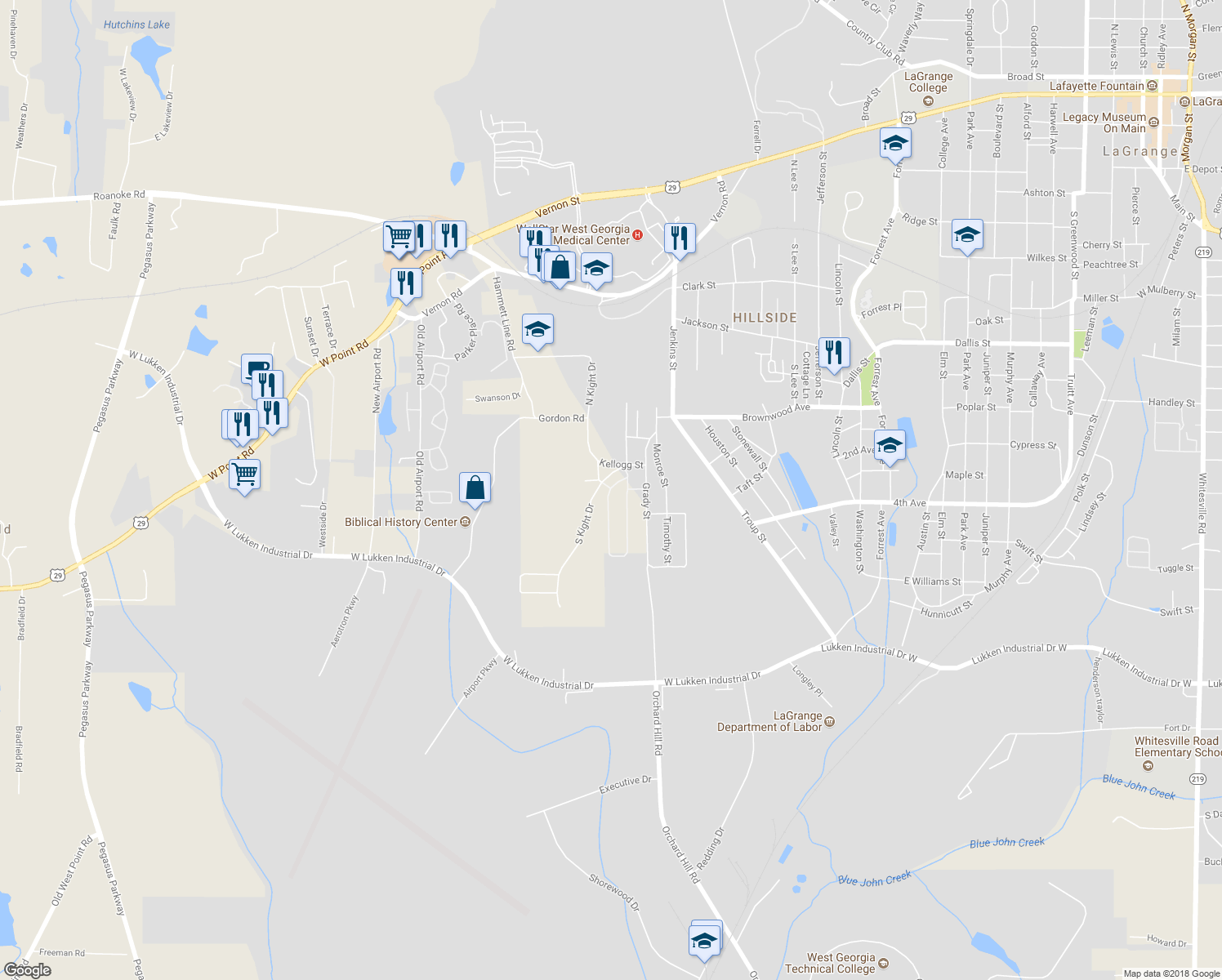 map of restaurants, bars, coffee shops, grocery stores, and more near 89-117 South Kight Drive in LaGrange