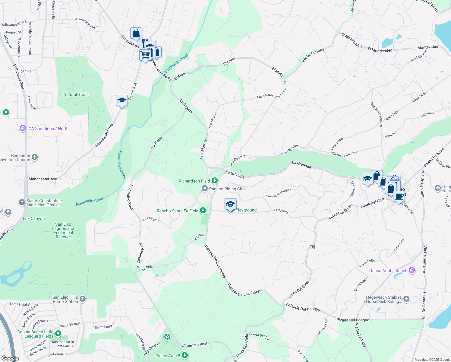 map of restaurants, bars, coffee shops, grocery stores, and more near 5295 Avenida Maravillas in Rancho Santa Fe