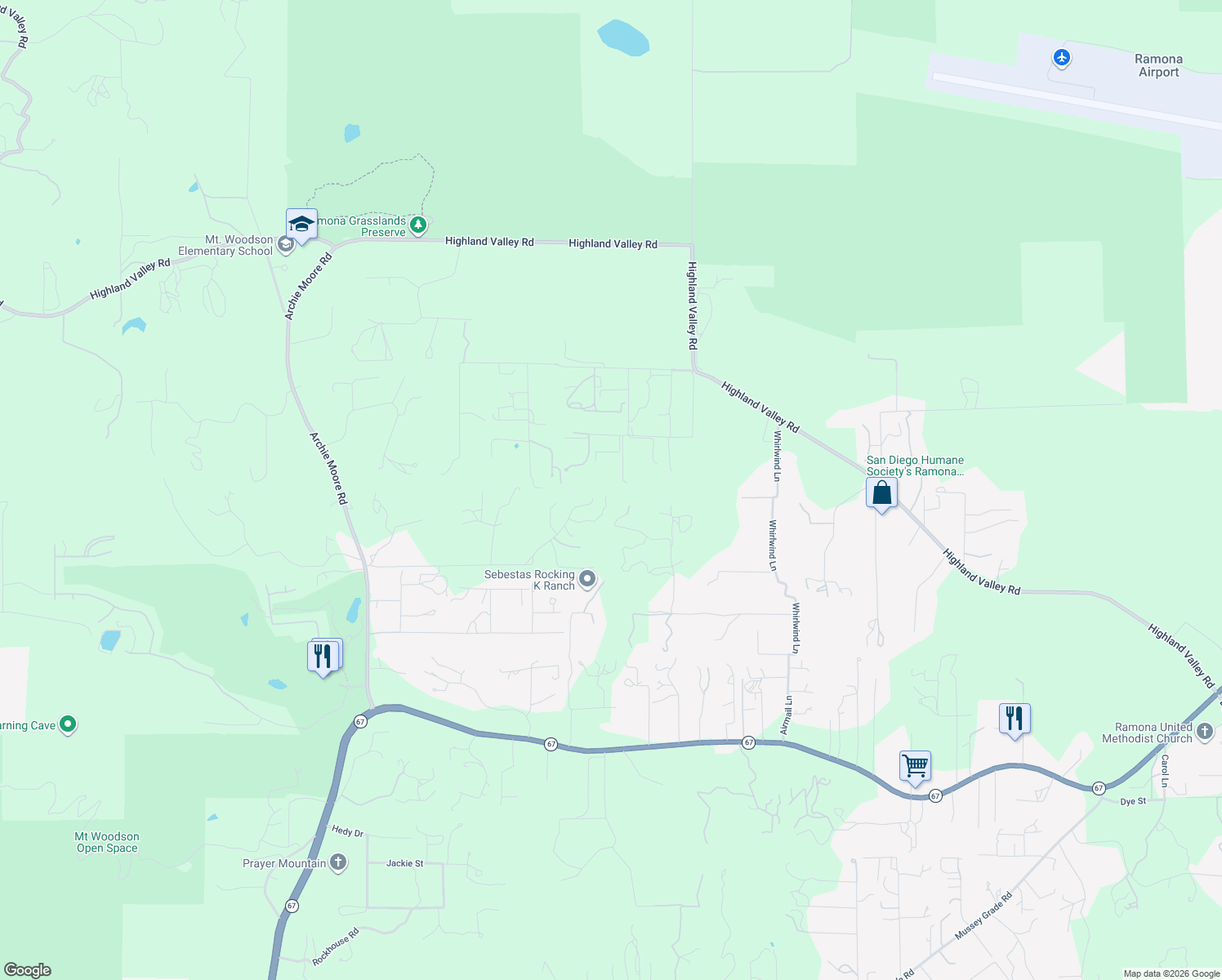 map of restaurants, bars, coffee shops, grocery stores, and more near 18011 Bluegrass Road in Ramona
