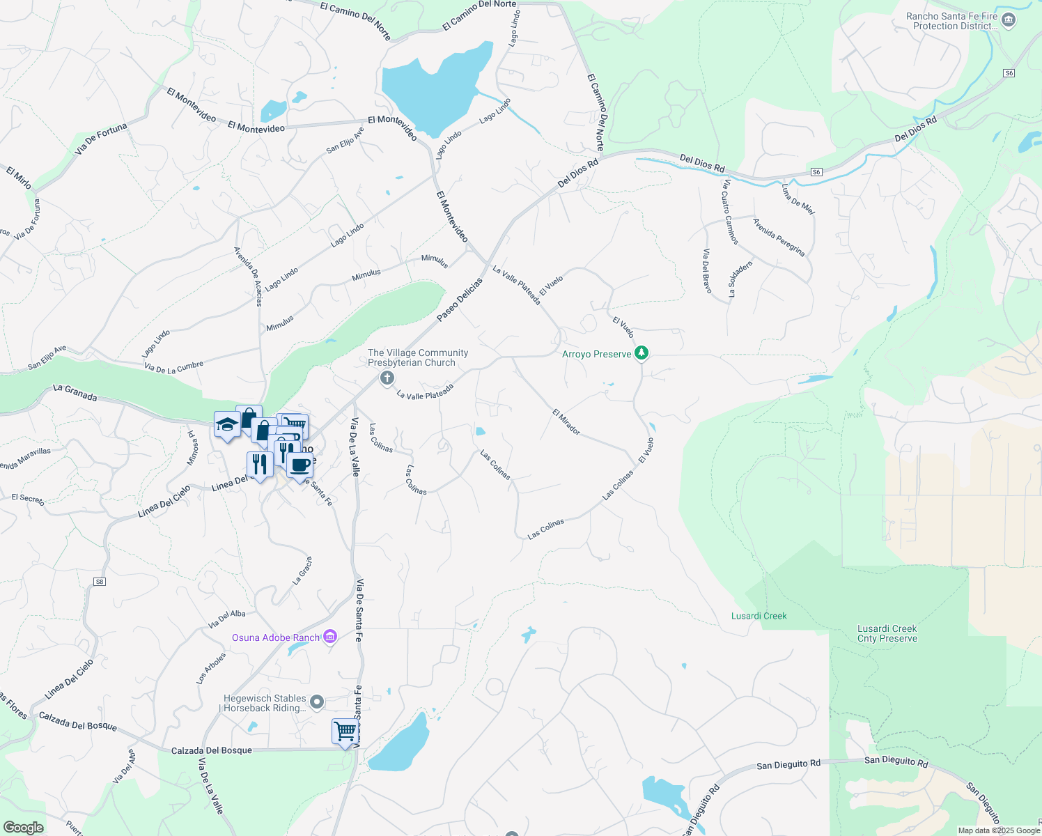 map of restaurants, bars, coffee shops, grocery stores, and more near 17140 El Mirador in Rancho Santa Fe
