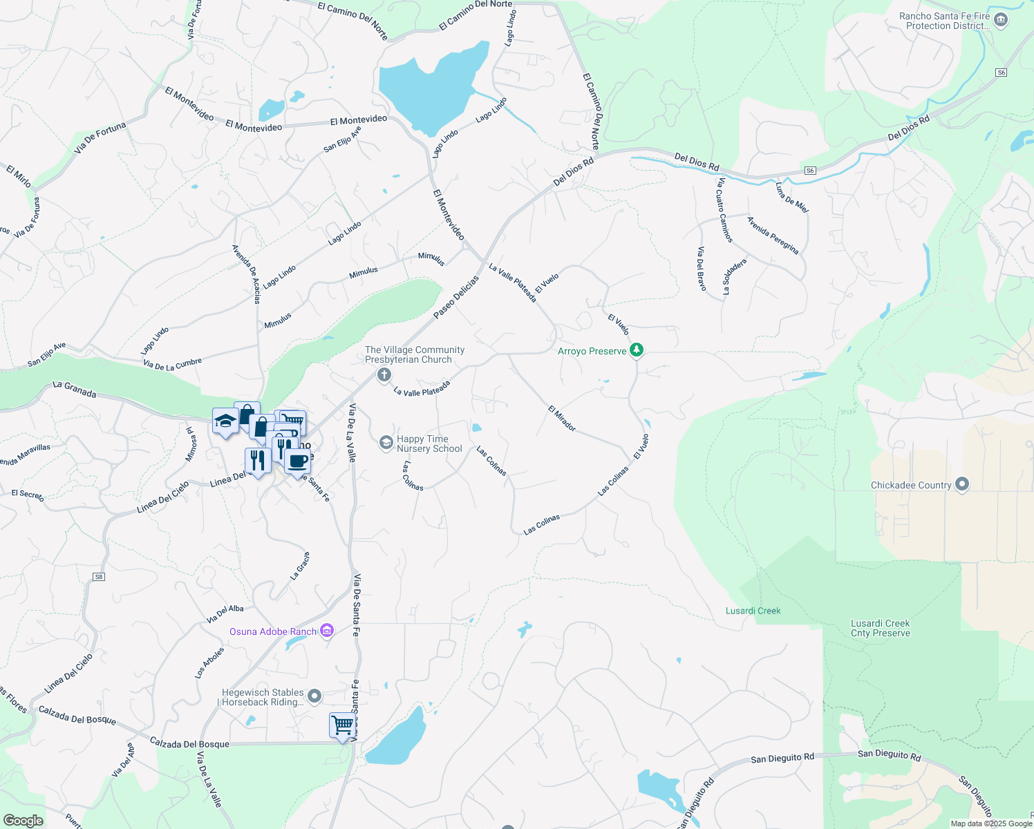 map of restaurants, bars, coffee shops, grocery stores, and more near 17140 El Mirador in Rancho Santa Fe