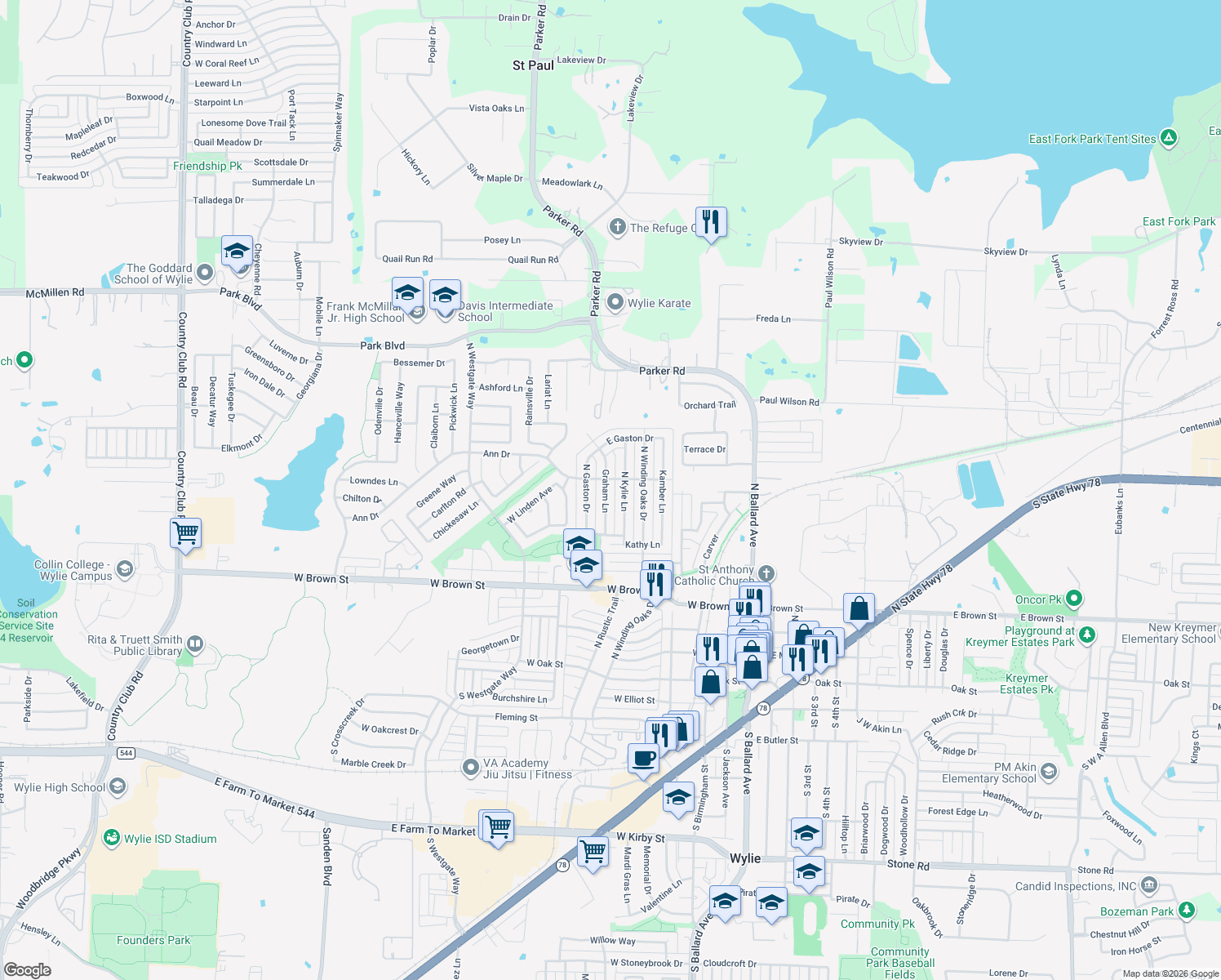 map of restaurants, bars, coffee shops, grocery stores, and more near 420 Graham Lane in Wylie