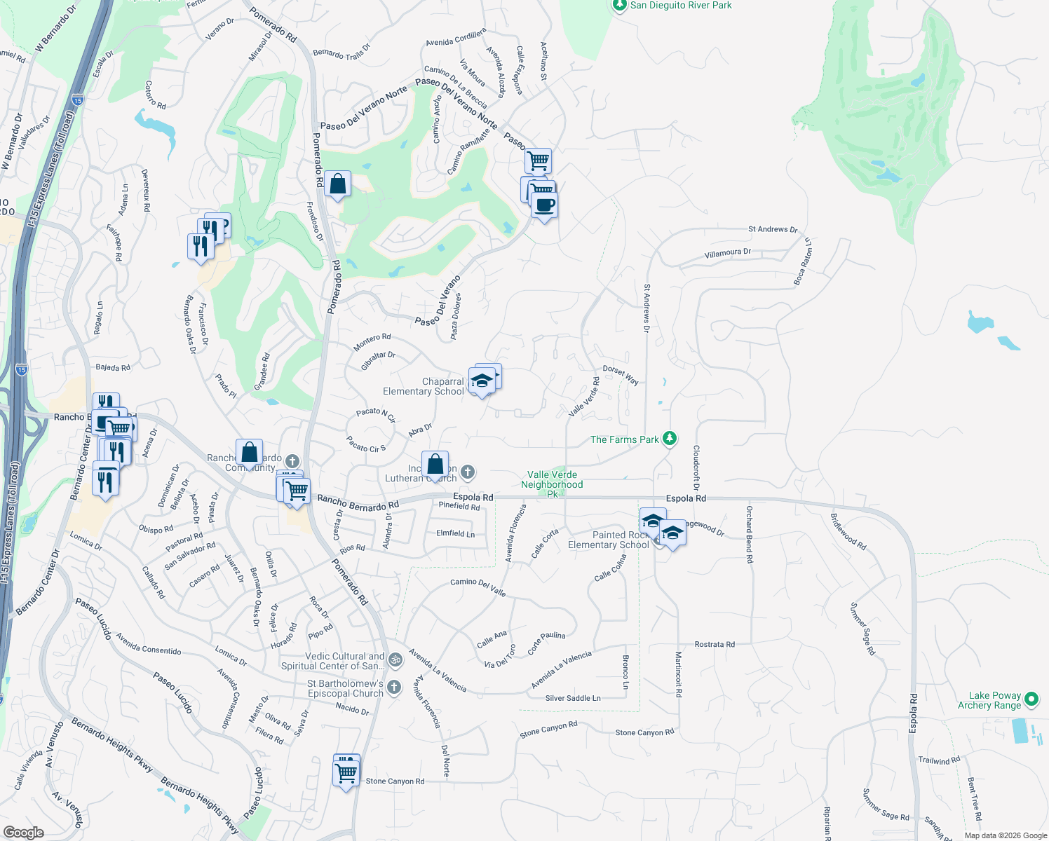 map of restaurants, bars, coffee shops, grocery stores, and more near 13019 Pomard Way in Poway