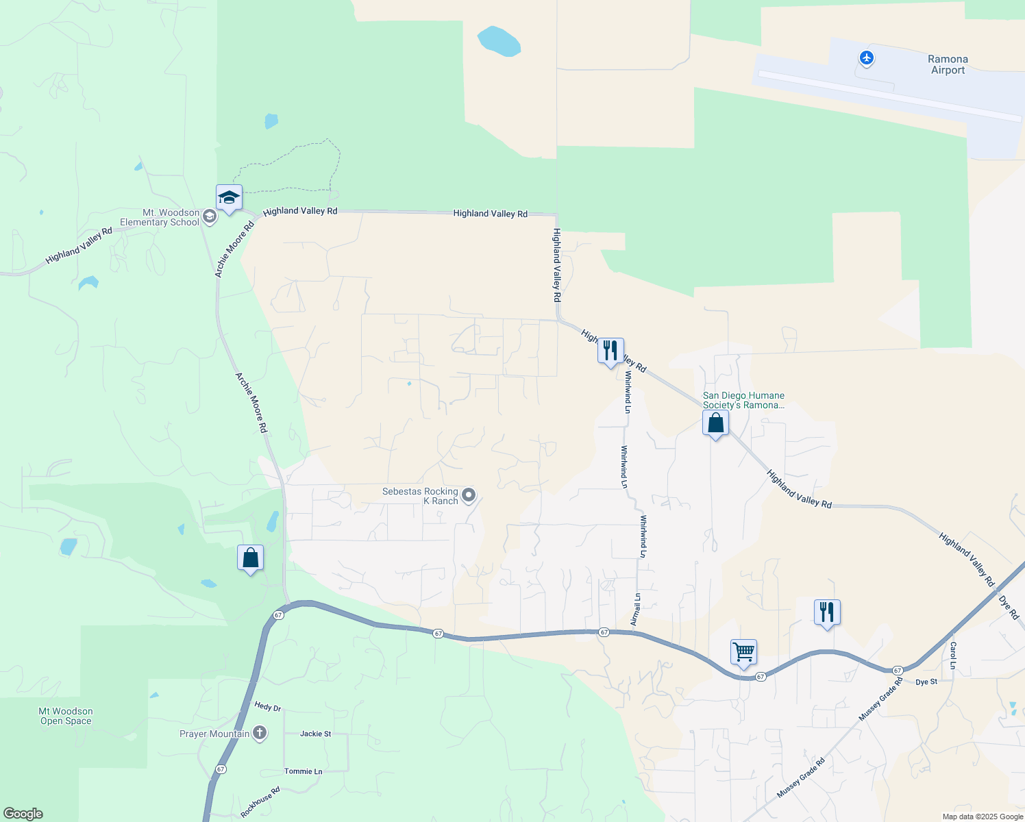map of restaurants, bars, coffee shops, grocery stores, and more near 18011 Bluegrass Road in Ramona
