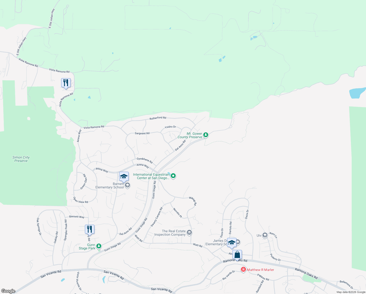 map of restaurants, bars, coffee shops, grocery stores, and more near 24439 Del Amo Road in Ramona
