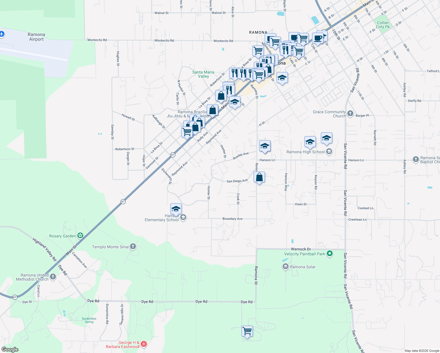 map of restaurants, bars, coffee shops, grocery stores, and more near 2231 San Diego Avenue in Ramona