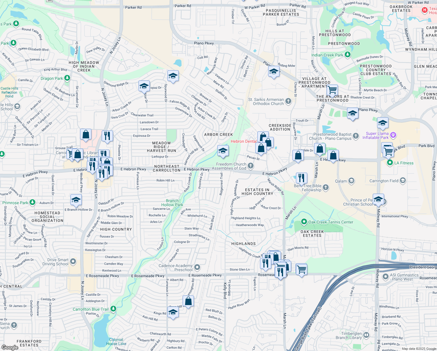map of restaurants, bars, coffee shops, grocery stores, and more near 2210 Timberline Drive in Carrollton