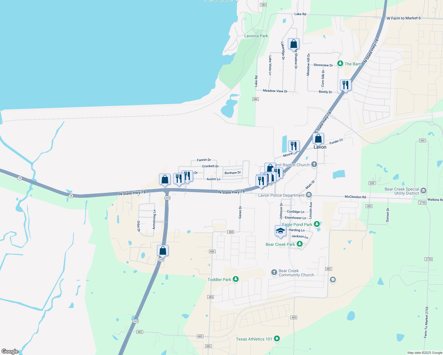 map of restaurants, bars, coffee shops, grocery stores, and more near 701 Austin Ln in Lavon