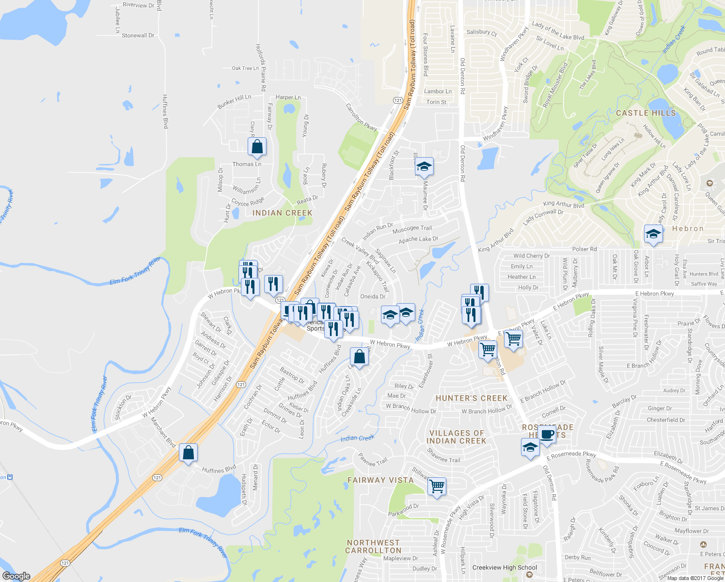 map of restaurants, bars, coffee shops, grocery stores, and more near 4116 Choctaw Dr in Carrollton