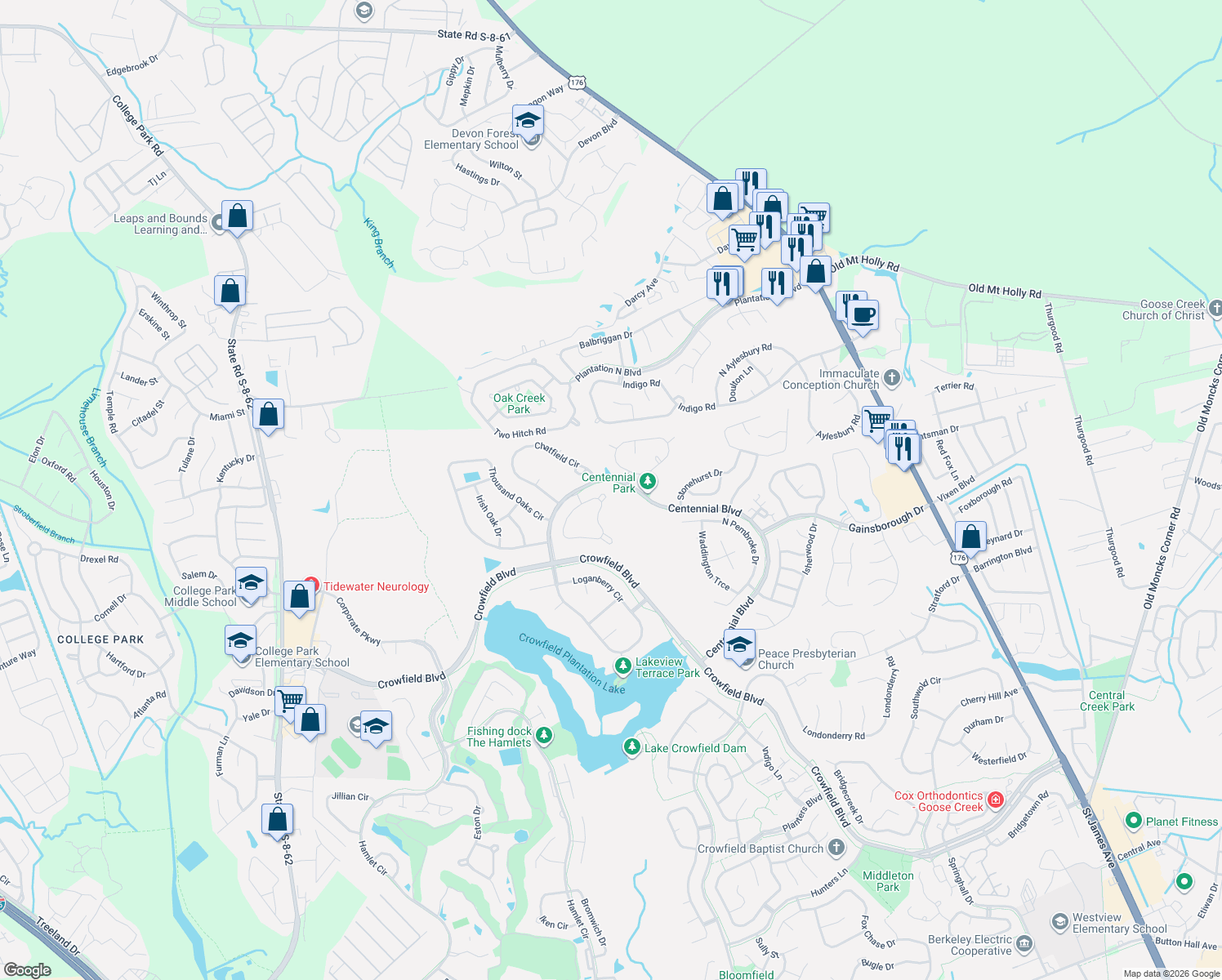 map of restaurants, bars, coffee shops, grocery stores, and more near 148 Haleswood Circle in Goose Creek