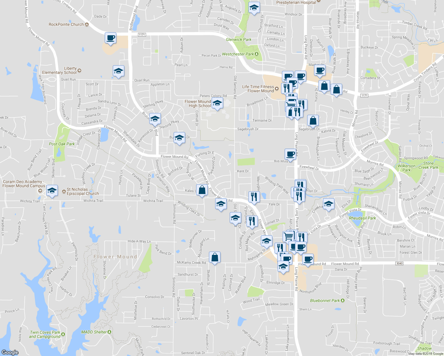 map of restaurants, bars, coffee shops, grocery stores, and more near 3411 Diamond Point Drive in Flower Mound