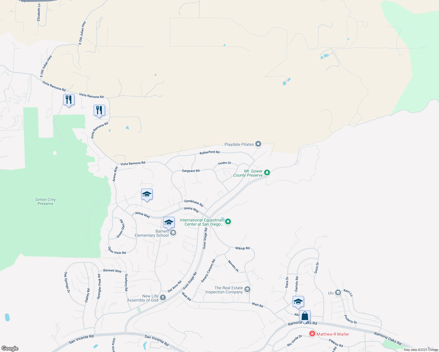 map of restaurants, bars, coffee shops, grocery stores, and more near 24322 Sargeant Road in Ramona