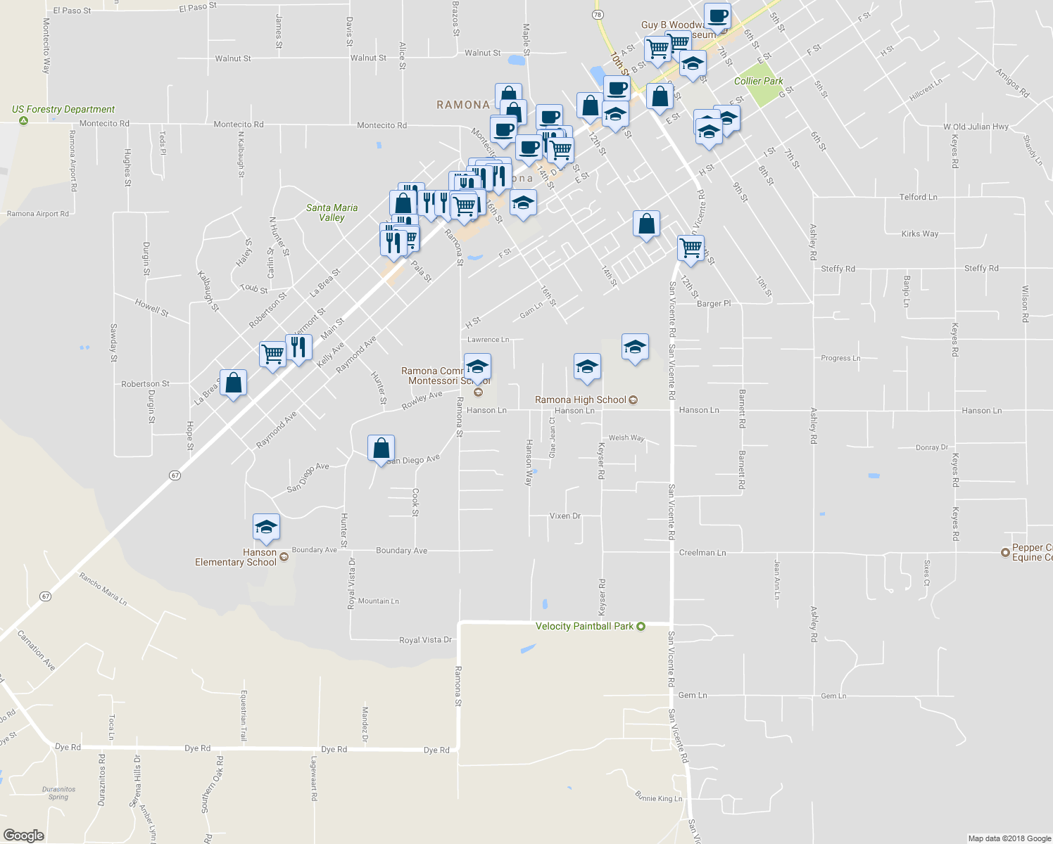 map of restaurants, bars, coffee shops, grocery stores, and more near 1718 Hanson Lane in Ramona