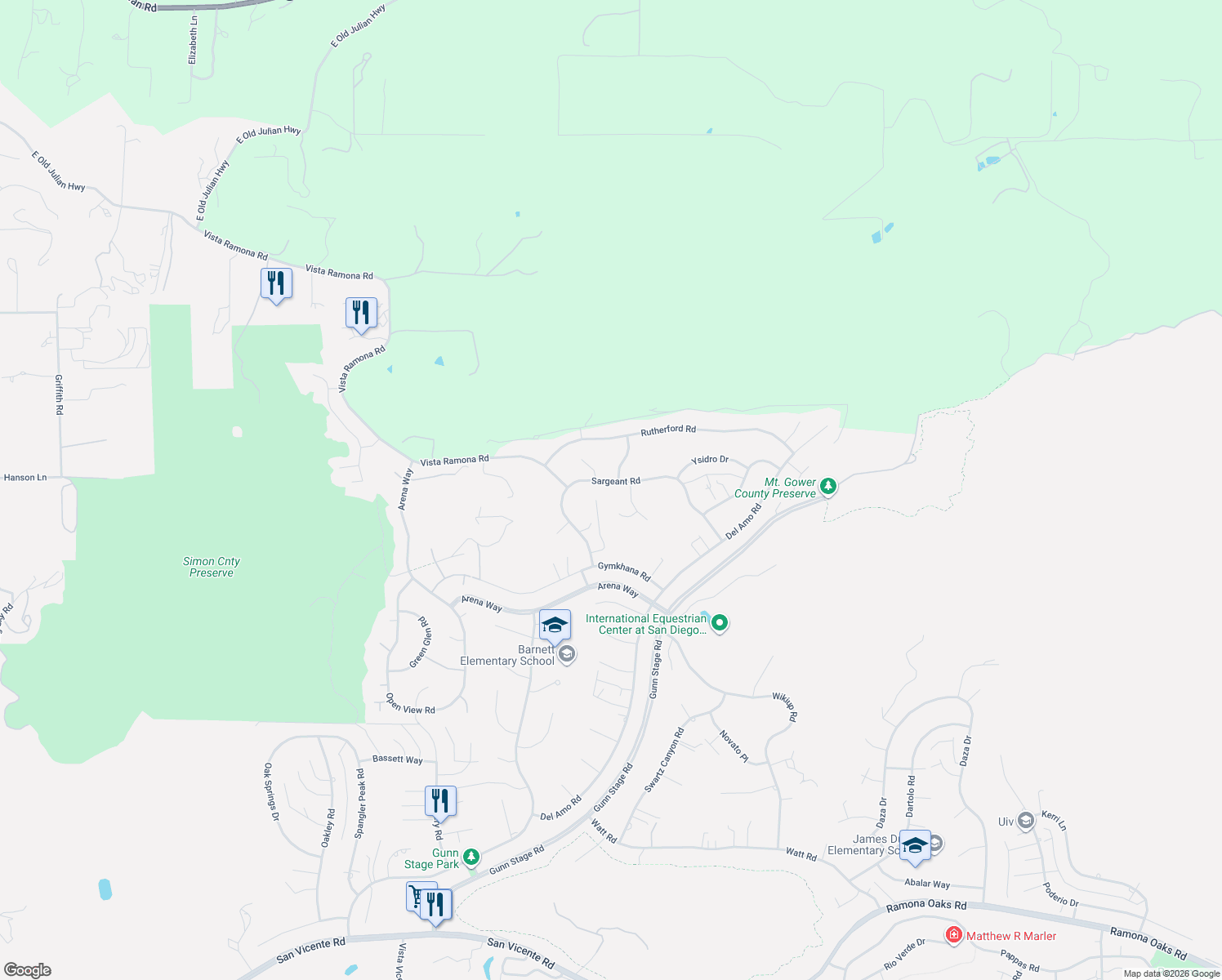 map of restaurants, bars, coffee shops, grocery stores, and more near 24153 Sargeant Road in Ramona