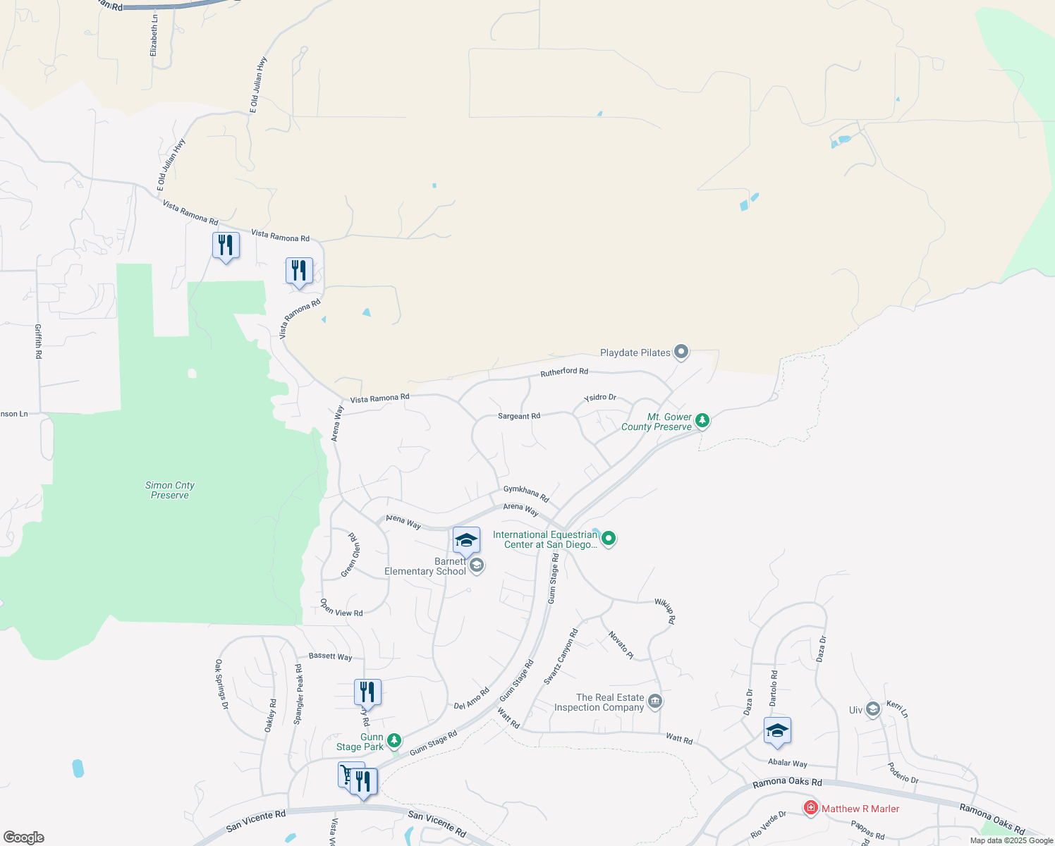map of restaurants, bars, coffee shops, grocery stores, and more near 17272 Saint Helena Drive in Ramona