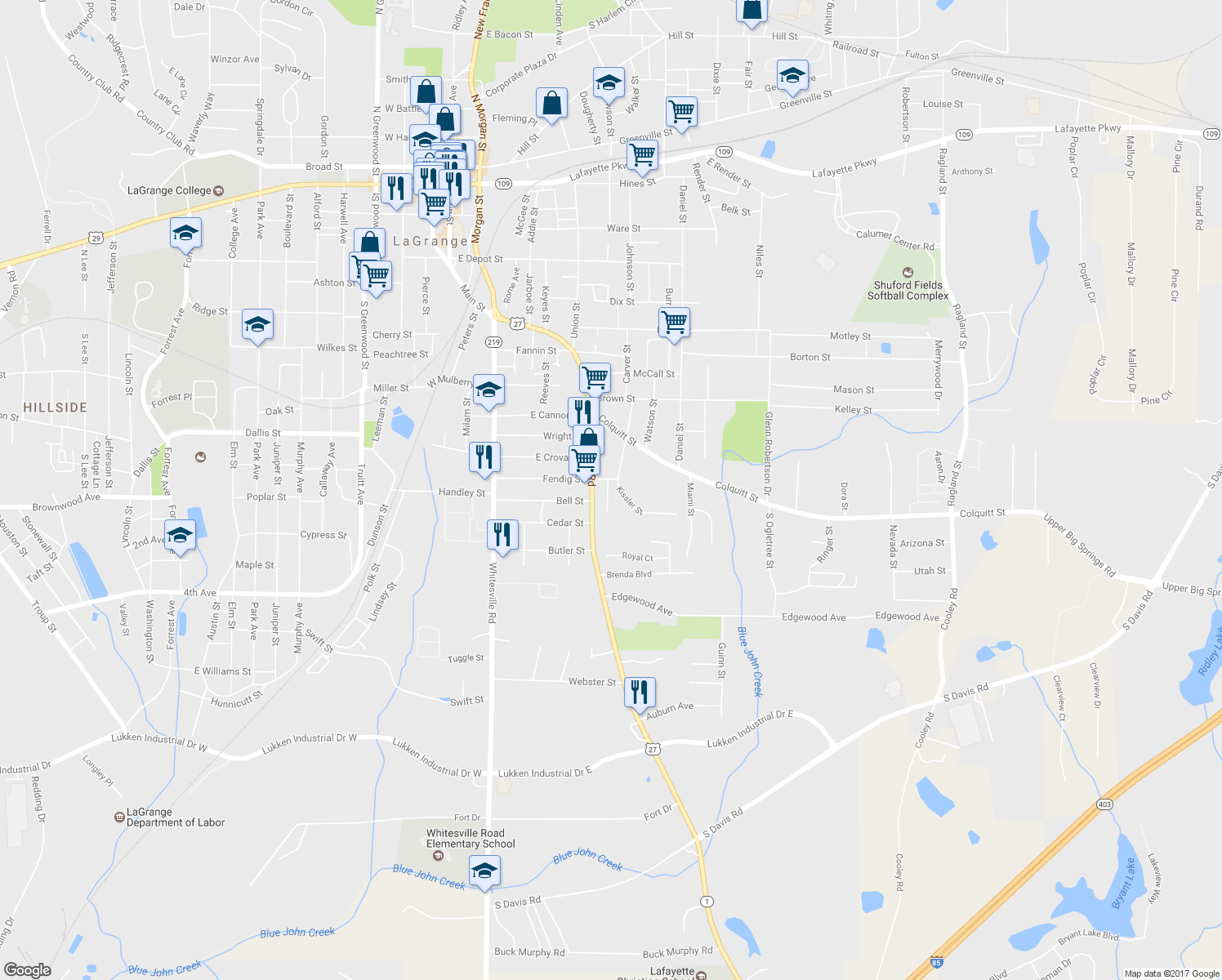 map of restaurants, bars, coffee shops, grocery stores, and more near 901 Whiteline Street in LaGrange