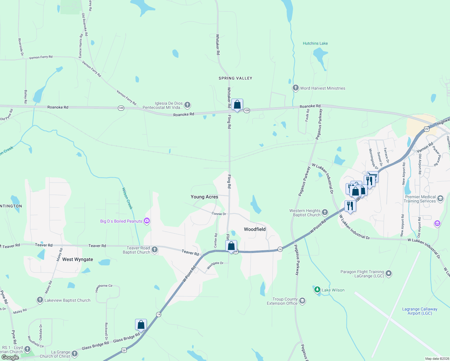 map of restaurants, bars, coffee shops, grocery stores, and more near 294 Fling Road in LaGrange
